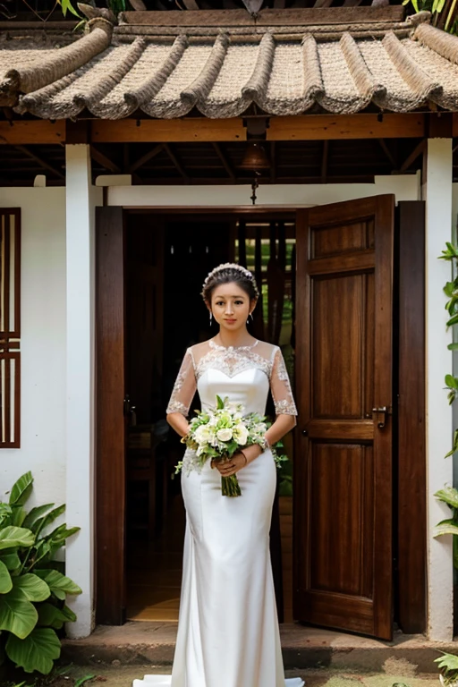 Photo taken in front of an Indonesian traditional house. The house has wooden doors and windows, and there are plants growing in the yard. The woman in the photo is wearing a luxurious wedding dress. The photo was likely taken in a rural area.