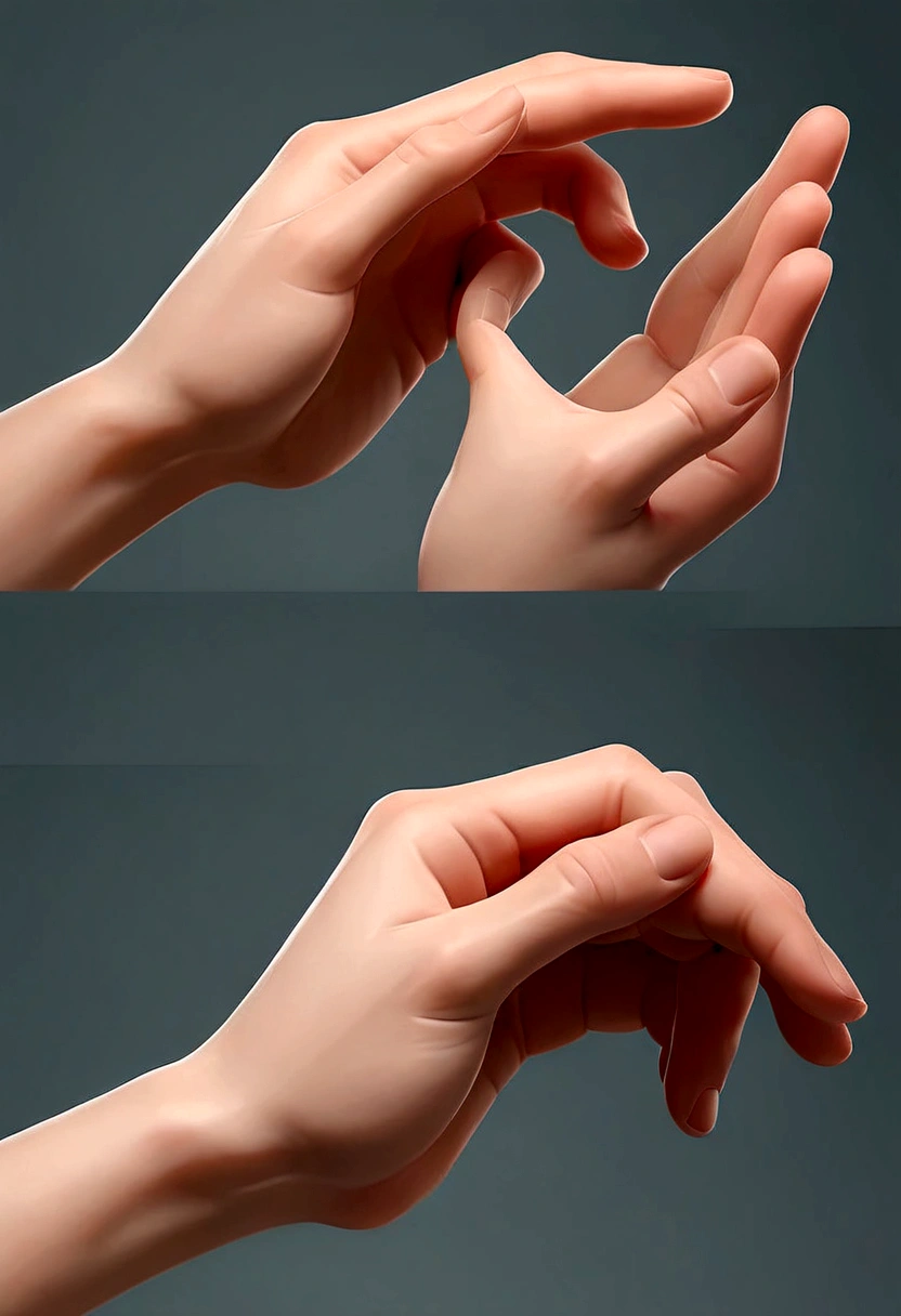 有人伸出手去触摸另一个Human Hand腕, Correction hand, hand gesture, Raise your hand, Just hands, Ordinary hands, elegant hands, low poly hands, realistic hand, Correction hands, strengthen hands, Right side profile, Human Hand, Holdings on hand, Open hand, High detail of the hands, coherent hands, gesture,3D Cartoon,Dinis style,