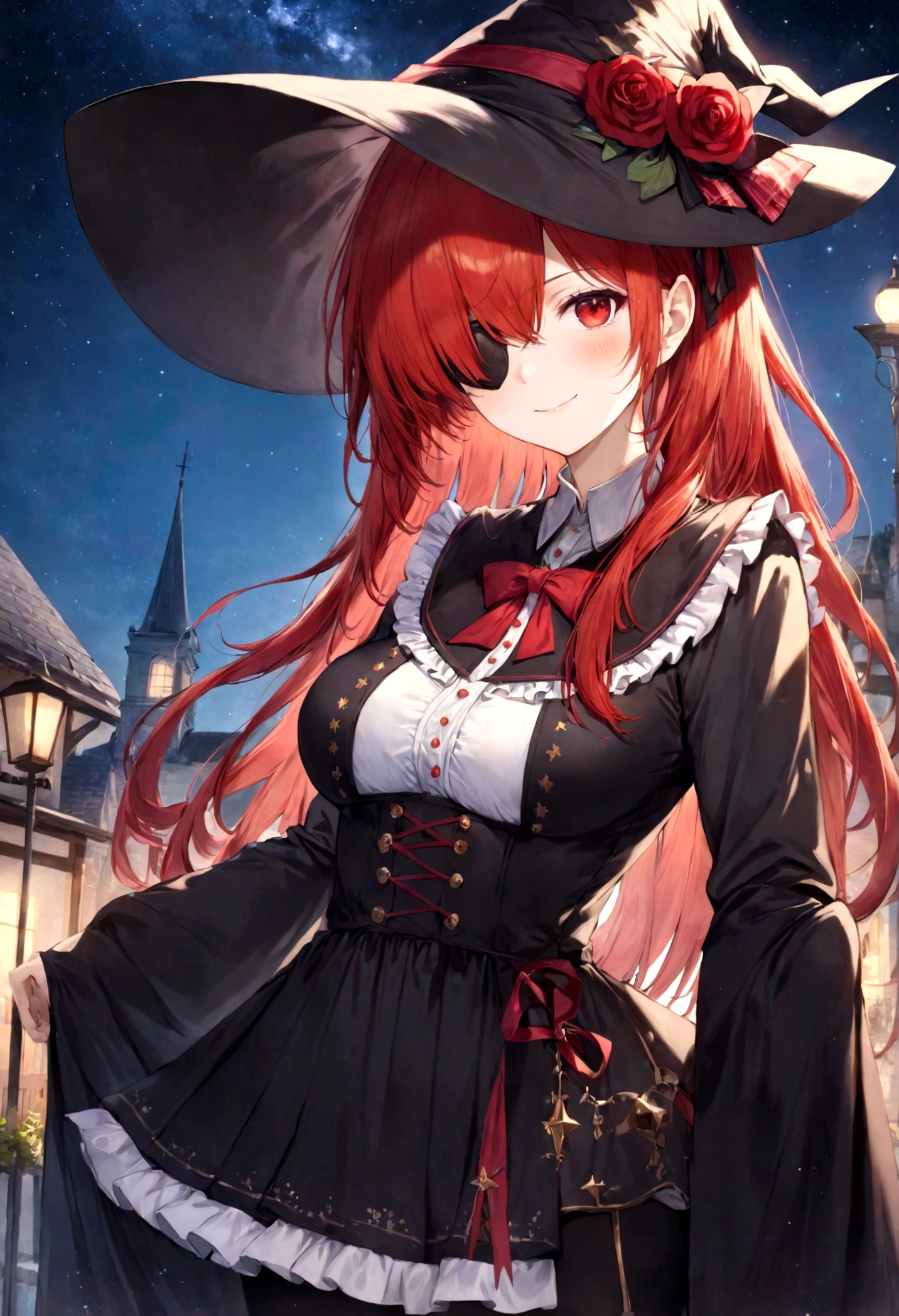 ((best quality)), ((masterpiece)), (detailed), perfect face, ((eyepatch:1.2)), (long hair:1.4), (red hair, red eyes:1.4), 1girl, solo, hat, skirt, legging, witch hat, dirndl gown, black headwear, black dirndl gown, smile, outdoors, black skirt, looking at viewer, black legging, rose pattern legging, red witch hat, long sleeves, bangs, ribbon, frilled skirt, frills, plaid, bow, open clothes, blush, neck ribbon, Star shape eyepatch, gold eyepatch, standing, red ribbon, wide sleeves, black robe, open robe, robe, , hand on waist, medium breasts, large breasts, night, starry night sky, cowboy shot