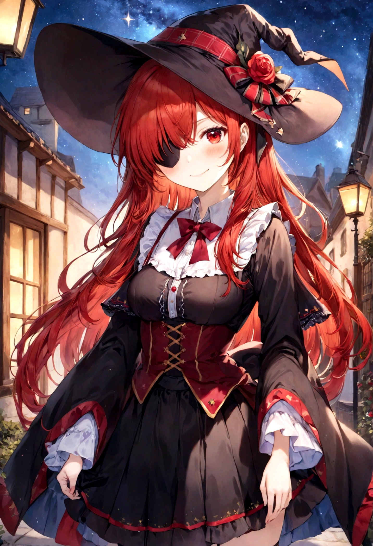 ((best quality)), ((masterpiece)), (detailed), perfect face, ((eyepatch:1.2)), (long hair:1.4), (red hair, red eyes:1.4), 1girl, solo, hat, skirt, legging, witch hat, dirndl gown, black headwear, black dirndl gown, smile, outdoors, black skirt, looking at viewer, black legging, rose pattern legging, red witch hat, long sleeves, bangs, ribbon, frilled skirt, frills, plaid, bow, open clothes, blush, neck ribbon, Star shape eyepatch, gold eyepatch, standing, red ribbon, wide sleeves, black robe, open robe, robe, , hand on waist, medium breasts, large breasts, night, starry night sky, cowboy shot