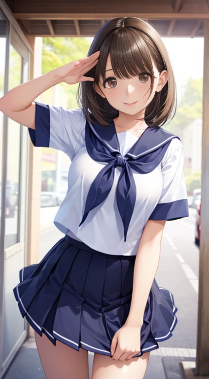 ((Tabletop, highest quality, High resolution, Hmph, Pixel perfect, 4K, Hmph, Hmph))),, high school girl, Shiny skin, Looking at the audience,
Beautiful Hair, Beautiful Face, Beautiful and beautiful eyes, ((Brown eyes, Beautiful eyelashes, Realistic eyes)),
anegasaki nene、Shiny brown hair, short hair, Beautiful brown eyes、smile、Sparkling eyes, (Fine grain)、Ultra-detailed eyes、Highly detailed face, Highly detailed eyes, One Girl, single, alone, Beauty、The whole body is visible、
,
Short-sleeved sailor suit、Navy blue mini pleated skirt、,Outdoor,Are standing,Cowboy Shot,salute,smile,