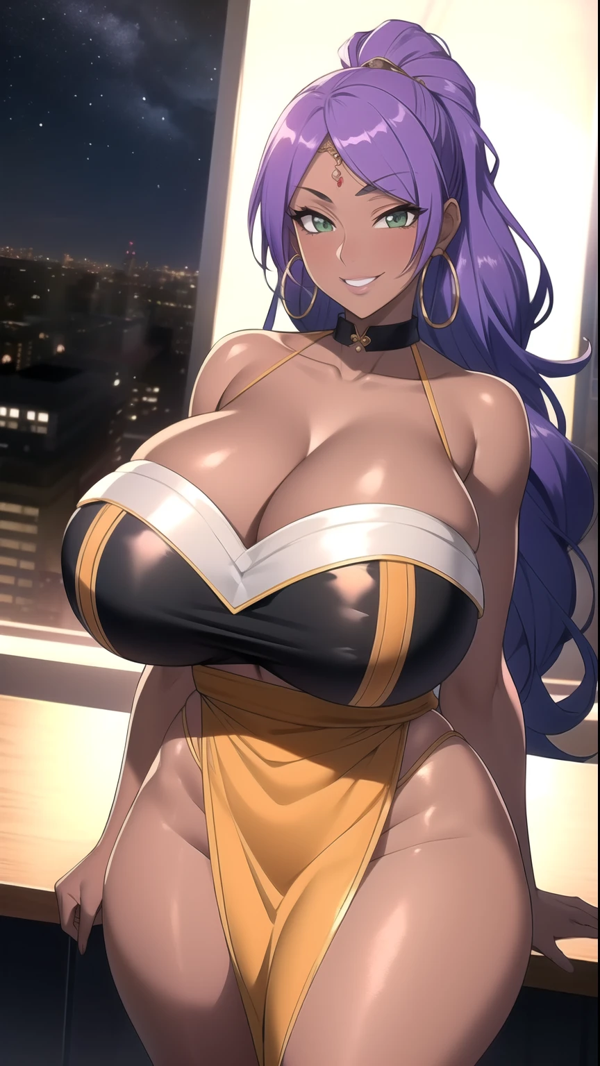 (masterpiece, highres, best quality:1.3), professional artwork, 8K, highly detailed, intricate, vibrant image, sharp focus, trending on pixiv
AishwaryaRay, solo, mature female, 40yo, milf, curvy, (dark skinned female:1.2), (dark skin:1.1), posing, night_sky, city lights, smiling, looking at viewer,
purple hair, long hair, ponytail, (hair over one eye:0.8), circlet, green eyes, hoop earrings, perfect eyes, perfect face, ultra detailed hair, detailed face,
, arabian dancer outfit, shiny, indoors, luxury office,
curvy, (thighs:0.7), areola slip, (gigantic breasts:1.4), cleavage,