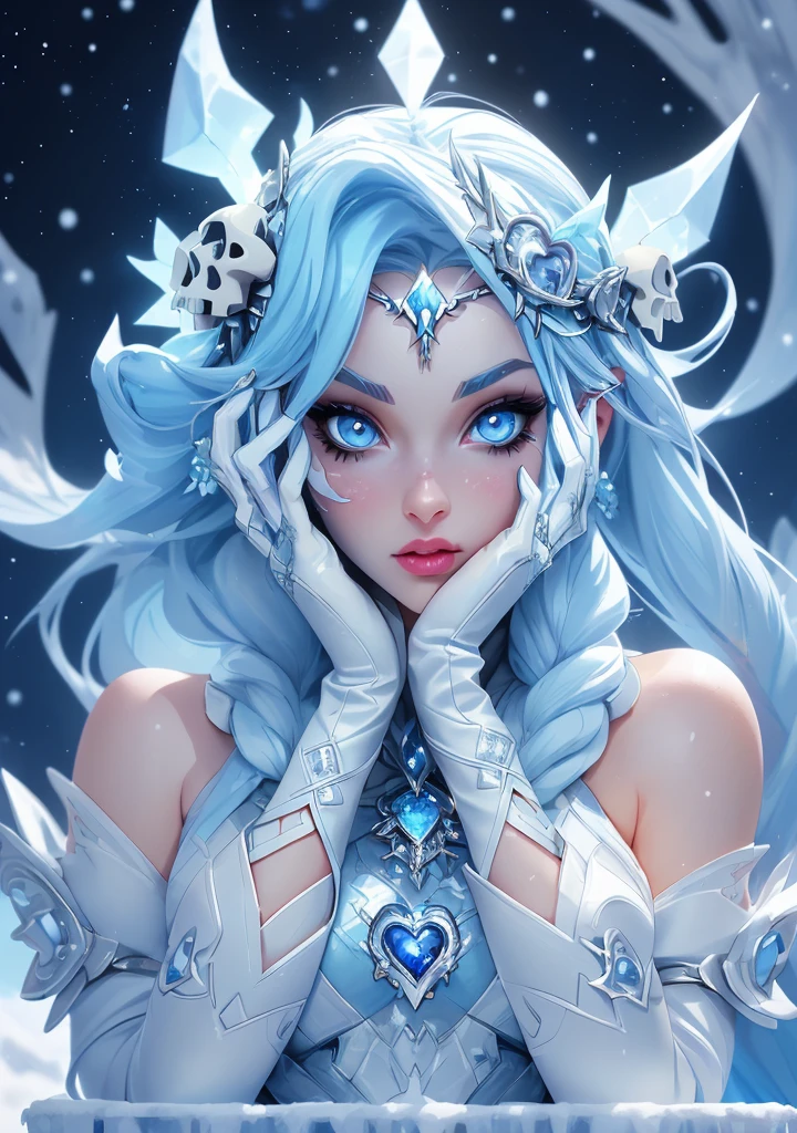 ((best quality)), ((official art)), ((masterpiece)), textile shading, ((ultra-detailed)), solo, full color, (1girl, solo, bssmsuperoutfit, circlet, white leotard,,blue sailor collar, sleeveless, heart brooch, miniskirt, white gloves, hairstyle, hairlength , detailed face, (full body:1.1)), (in nature) (best quality, highres, ice skull:1.1), ice skull, girl style, thick body art, detailed facial features, icy blue eyes, glossy lips, long eyelashes, porcelain skin, blue and silver color scheme, intricate skull design, realistic texture, vibrant colors, elaborate background, mysterious atmosphere, frozen garden, snow-covered trees, sparkling ice crystals, surreal lighting, fantasy elements