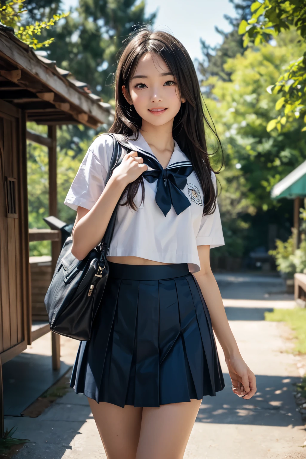 very cute and beautiful girl,(highly detailed beautiful face),(smile),happy,looking at viewer, black hair,serafuku,short sleeve,(pleated navyblue mini skirt),standing,holding school bag, rustic wood cabin in forest, (best quality,masterpiece),absurdres,highres,ultra-detailed,extremely detailed,32k,8k resolution, intricate details,cinematic scene,detailed background,solo,dynamic angle,