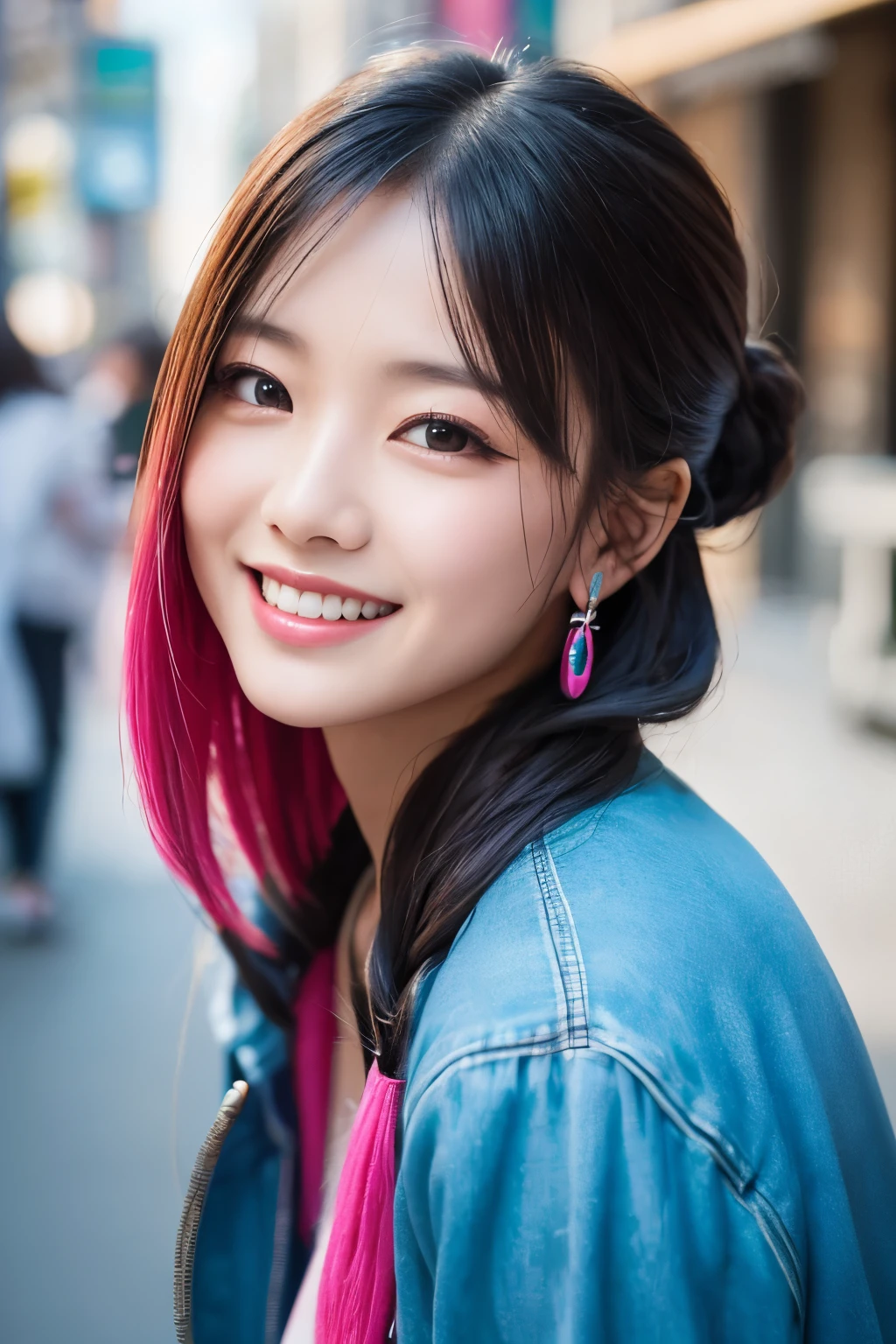 high quality, High resolution, masterpiece, completion, detailed.impressive, Cutting-edge female photography portraits, Showcasing a bold and daring street-art style. Facing forward、(nice smile、Bright expression、looks fun)、cyan, and purple, Her vibrant makeup really catches the eye.. Her colorful hair is tied up high, The contrast with the modern chain top is striking., Blue and pink hues in harmony. 背景には蛍光クロムイエローand purpleの魅惑的なグラデーションが施されています, Blends seamlessly with the dynamic colors of your subject. This powerful combination of hyper-detailed realism and artistic expression creates a vivid,