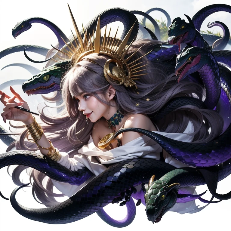 (masterpiece),(best quality:1.0), (ultra highres:1.0), detailed,Woman and snakes、Upper Body、profile、Cool smile、A woman with bare shoulders wearing a white cloth、Ferocious serpent、Real scale texture、The surface of the wet scales shines dully.、Menacing serpent、Facing left、Emerald green eyes、Gold Hair Ornament、Gold bracelet、Holding your right hand forward、He has long gold needles on the middle and ring fingers of his right hand.、Some snakes can see into space、Gray purple hair、Medium Hair、Stars shining in space、A white mist surrounds