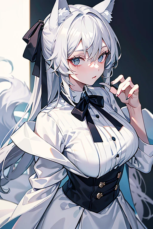 best qualtiy，tmasterpiece，The is very detailed，4K，Gray hair and shallow eyes，Drag cool expressions，Wolf ears，Erect scar on the left eye，British style，1girl，Absolutely beautiful, big bust, white costume, ear ribbon