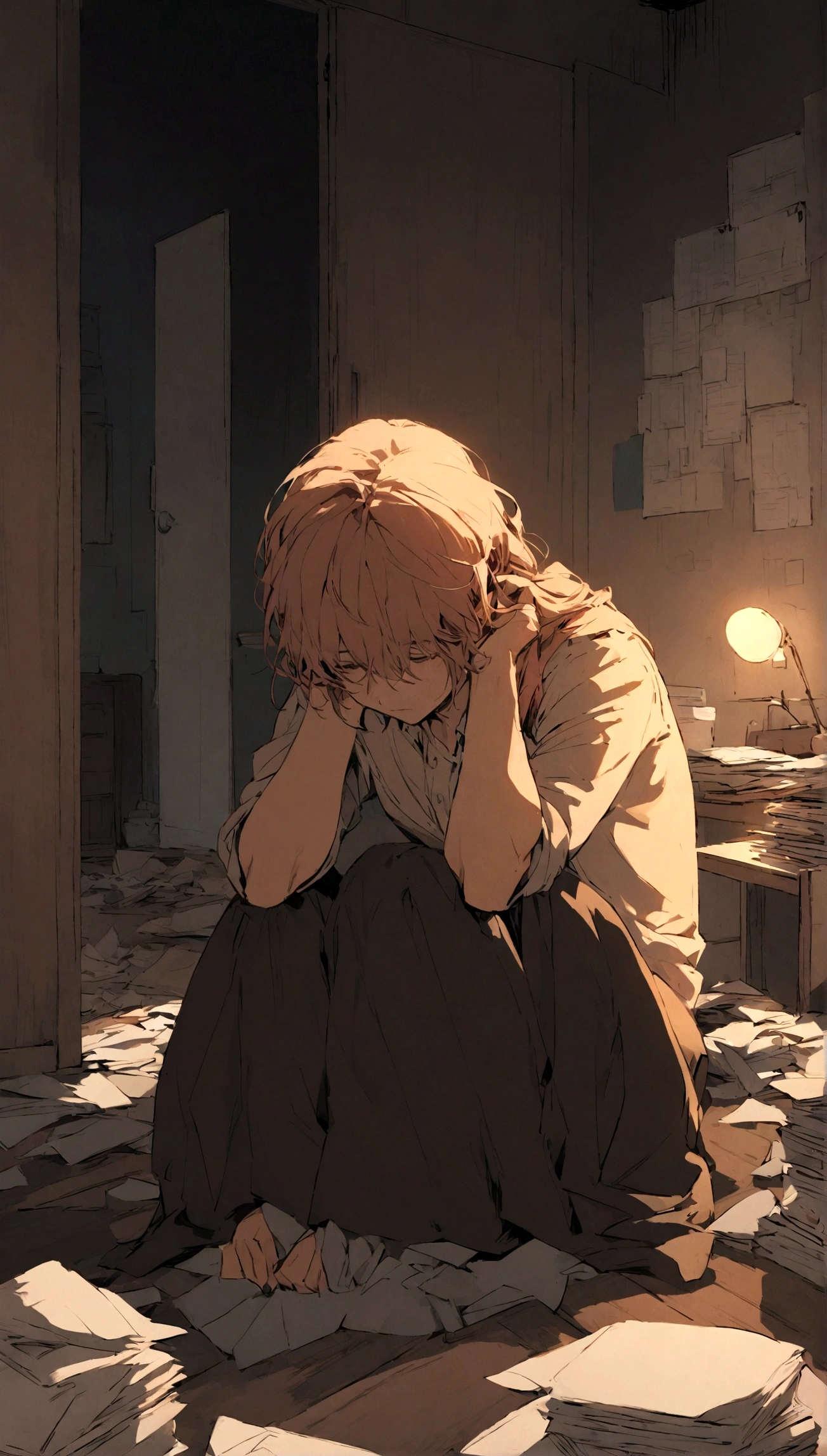 Create an image of a young man in his twenties, sitting down and holding his head in frustration or worry. He should have a troubled expression on his face, with his elbows resting on his knees and his hands gripping his hair or covering his face. The setting should be a typical indoor environment such as a living room, bedroom, or office, with subtle details like a cluttered desk, scattered papers, or a dimly lit room to emphasize his distress and concern.