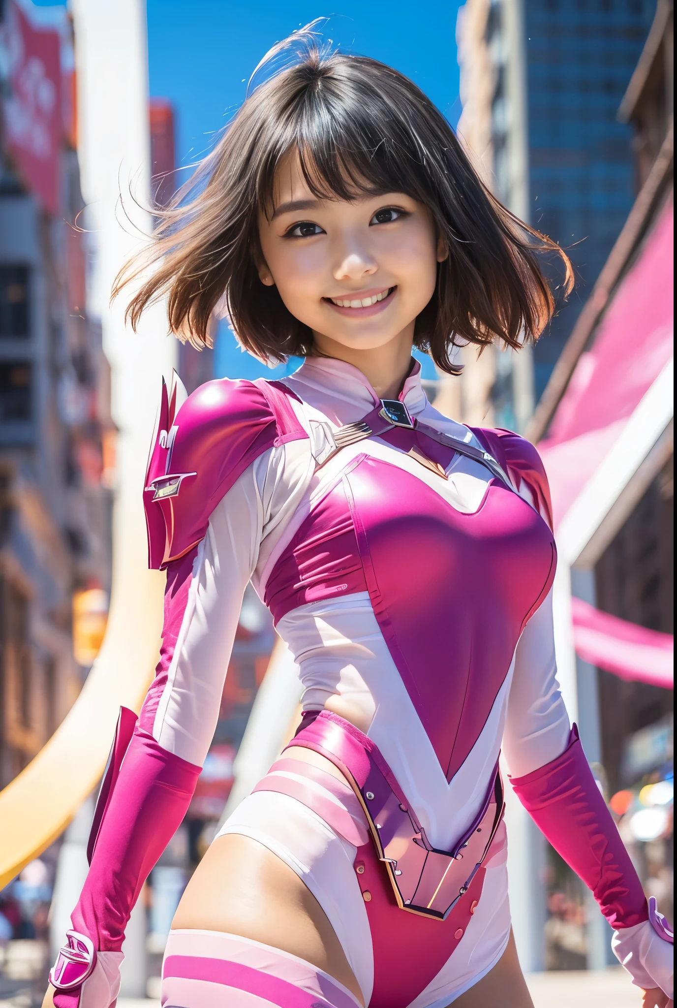 (8k、Raw photography、highest quality、masterpiece:1.2),(Black Hair、Dark Eyes:1.9),(Pink Ranger:1.6)、View your audience,Viewed from the front,White skin,(:1.6)、(Tight waist:1.6)、(Clothes that accentuate the shape of the breasts:1.0)、(Big Breasts :1.3)、Slim figure、Ultra-high resolution,beautiful,beautiful fece,(one person、No background:1.9),whole bodyボディー,Japanese women,(reality的:1.37)、Photon Mapping,reality、(-face cute: 1.4)、(Cute Smile: 1.8)、(Round face: 1.8)、Radio City、Physically Based Rendering、Depth of field rally background、photograph, (I can see your knees、Thigh close-up:1.8),(:1.6),whole body、Great quality