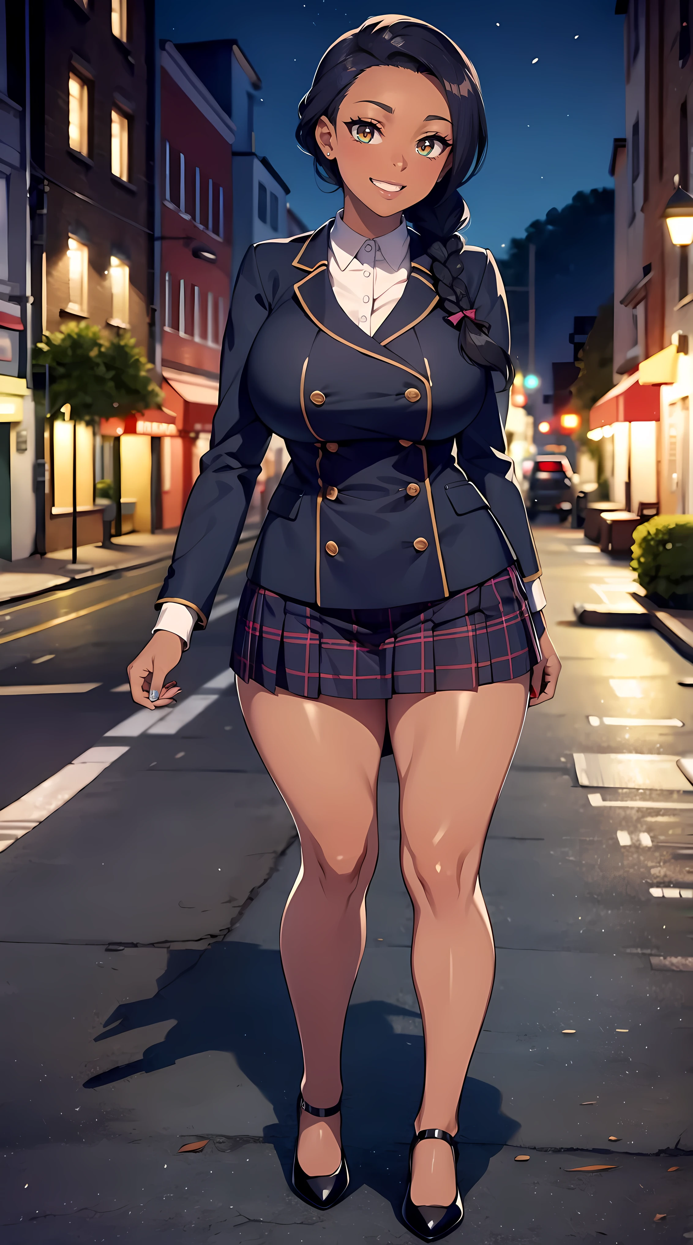 4K Quality, black woman, grinning, sexy pose, black plaid skirt, standing up, black african braids, dark skinned, thick thighs, big breasted, big ass, looking at viewer, braided hair, amber eyes, night time, on the sidewalk, full body, city background, perfect face, perfect body, perfect eyes, bottom heavy, light particles