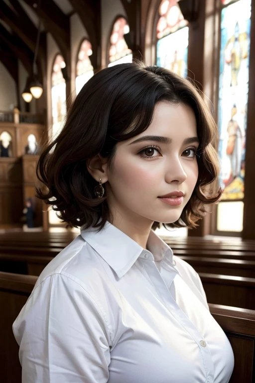 1 garota de 13 anos, com cabelo na altura dos ombros, olhos castanhos escuro, leader in church.
