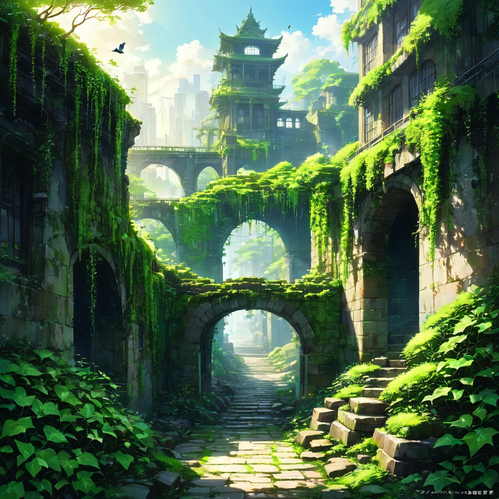 moss, green, ruins, Remains, City, 大City, building, skyscraper, Cobblestones, Square, bridge, weathered, Erosion, nature, Silence, unmanned, The passage of time, history, civilization, Collapse, mysterious, Fantasy, beautiful, Sadness, Romance, past, future, plant, wood々, Ivy, bird, animal, Light, Shadow, contrast,beautiful Anime Scenery, Landscape painting, beautifulデジタル絵画, Andreas Rocha, beautifulアートワークのイラスト, Awesome Wallpapers, Raymond Han, 背の高いbeautiful絵画, Studio Greeble Makoto Shinkai, beautiful壁紙, Anime Scenery