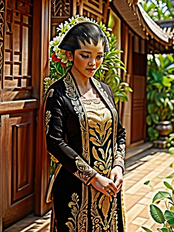 Photo taken in front of an Indonesian traditional house. The house has wooden doors and windows, and there are plants growing in the yard. The woman in the photo is wearing a luxurious wedding dress. The photo was likely taken in a rural area.