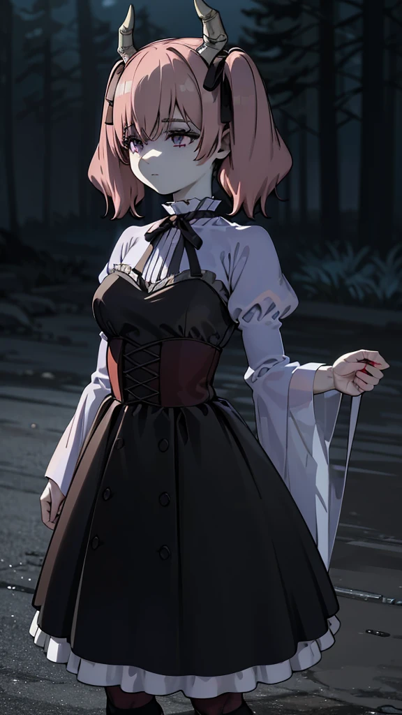 Linear,One girl,alone, Medium breast, smile, Short Twin Tails,Hair between the eyes,Pink Hair,Medium Hair,Devil horns,Dark red hair ribbon,Pointed Ears,Purple eyes, Ruffled shirt collar,Dark red choker,White frill shirt,Juliet Sleeve,Long sleeve,Dark red neck ribbon,Dark red dress,White ruffle dress,White layered dress, Micro Mini Skirt, Brown corset,Fishnet pantyhose, Mary Jane,Outdoor, Flip up the skirt, Amazing visuals, High resolution,masterpiece,highest quality,Amazing visuals,High resolution,masterpiece,highest quality,************,young woman,Beautiful fingers,Beautiful long legs,Beautiful body,Beautiful character design,