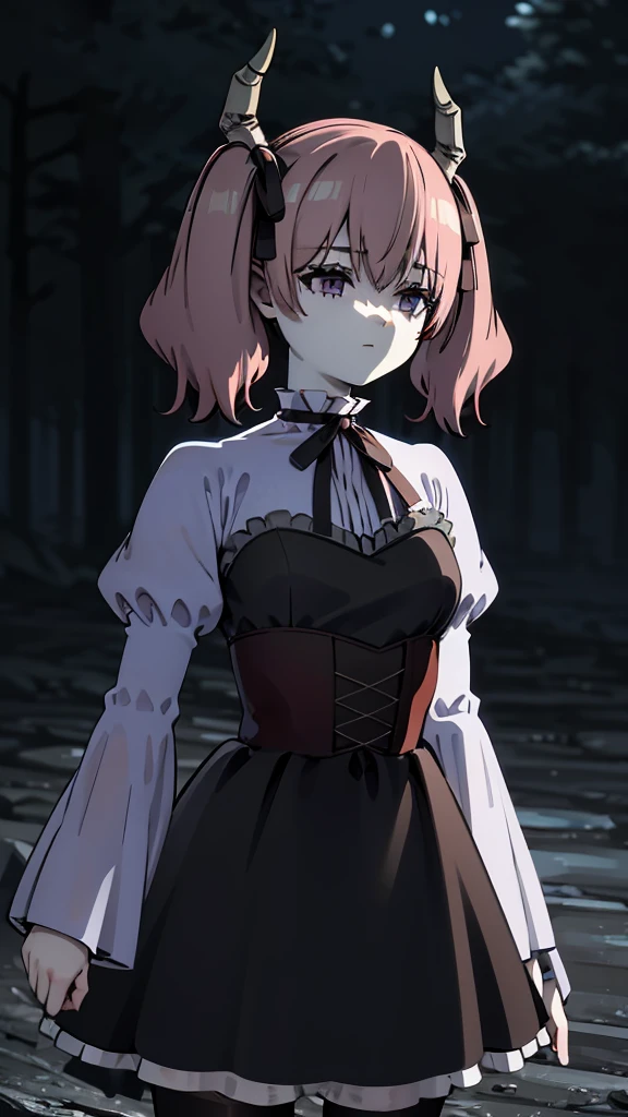 Linear,One girl,alone, Medium breast, smile, Short Twin Tails,Hair between the eyes,Pink Hair,Medium Hair,Devil horns,Dark red hair ribbon,Pointed Ears,Purple eyes, Ruffled shirt collar,Dark red choker,White frill shirt,Juliet Sleeve,Long sleeve,Dark red neck ribbon,Dark red dress,White ruffle dress,White layered dress, Micro Mini Skirt, Brown corset,Fishnet pantyhose, Mary Jane,Outdoor, Flip up the skirt, Amazing visuals, High resolution,masterpiece,highest quality,Amazing visuals,High resolution,masterpiece,highest quality,************,young woman,Beautiful fingers,Beautiful long legs,Beautiful body,Beautiful character design,