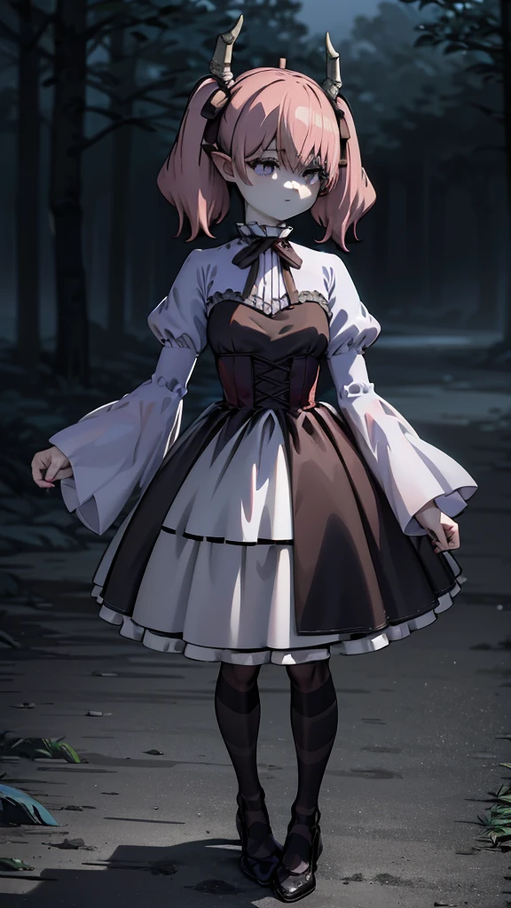 Linear,One girl,alone, Medium breast, smile, Short Twin Tails,Hair between the eyes,Pink Hair,Medium Hair,Devil horns,Dark red hair ribbon,Pointed Ears,Purple eyes, Ruffled shirt collar,Dark red choker,White frill shirt,Juliet Sleeve,Long sleeve,Dark red neck ribbon,Dark red dress,White ruffle dress,White layered dress, Micro Mini Skirt, Brown corset,Fishnet pantyhose, Mary Jane,Outdoor, Flip up the skirt, Amazing visuals, High resolution,masterpiece,highest quality,Amazing visuals,High resolution,masterpiece,highest quality,,young woman,Beautiful fingers,Beautiful long legs,Beautiful body,Beautiful character design,