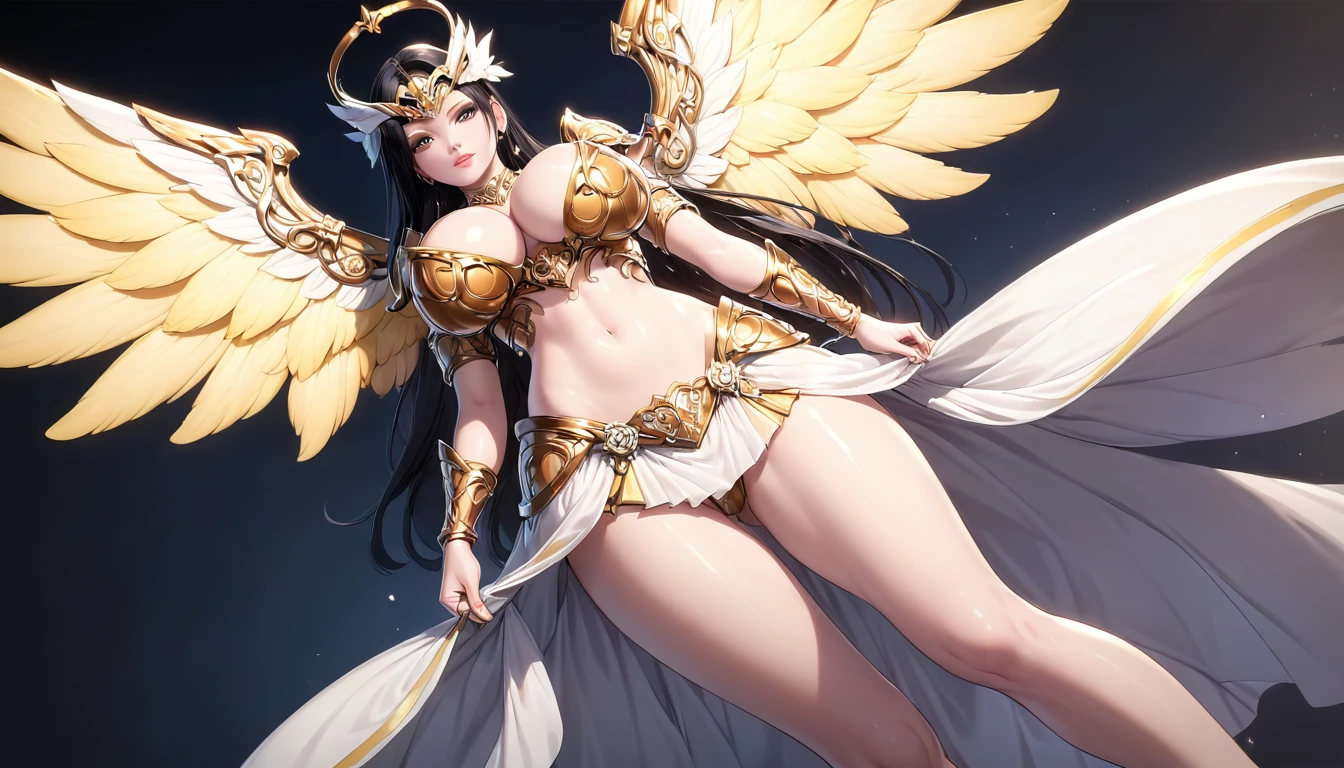 best quality, Extremely beautiful, Pretty Face, Angel woman, Four Golden Wings, The front skirt reveals the armor, very long black hair，Large Breasts，Full breasts，Golden ratio figure，Perfect body，Ultra wide-angle shooting，Full body shot，Body close-up，Look at the audience
