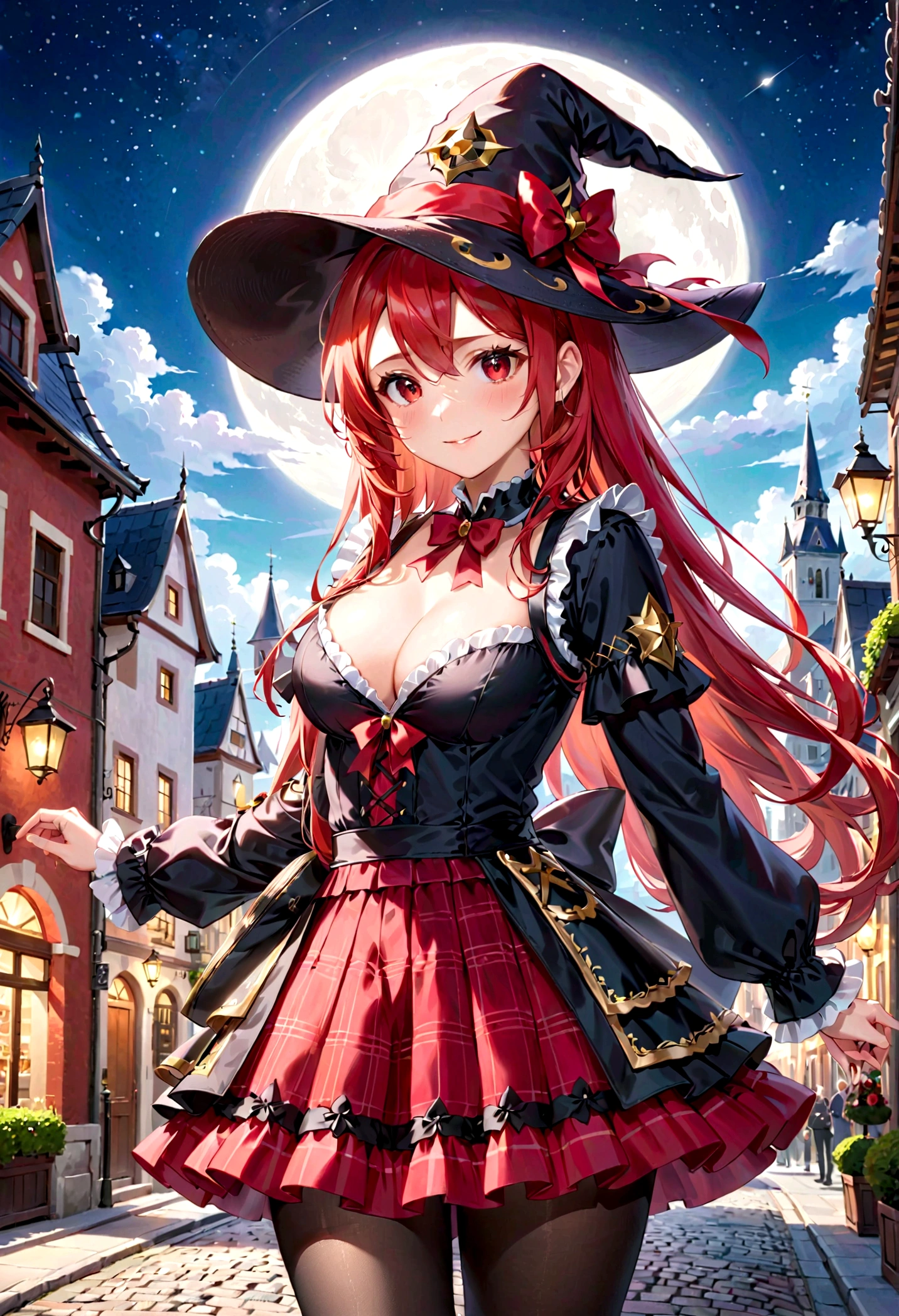 ((best quality)), ((masterpiece)), (detailed), perfect face, ((eyepatch:1.2)), (long hair:1.4), (red hair, red eyes:1.4), 1girl, solo, hat, skirt, legging, witch hat, dirndl gown, black headwear, black dirndl gown, smile, outdoors, black skirt, looking at viewer, black legging, rose pattern legging, red witch hat, long sleeves, bangs, ribbon, frilled skirt, frills, plaid, bow, open clothes, blush, neck ribbon, Star shape eyepatch, gold eyepatch, standing, red ribbon, wide sleeves, black robe, open robe, robe, , hand on waist, medium breasts, large breasts, night, starry night sky, cowboy shot