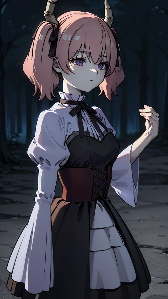 Linear,One girl,alone, Medium breast, smile, Short Twin Tails,Hair between the eyes,Pink Hair,Medium Hair,Devil horns,Dark red hair ribbon,Pointed Ears,Purple eyes, Ruffled shirt collar,Dark red choker,White frill shirt,Juliet Sleeve,Long sleeve,Dark red neck ribbon,Dark red dress,White ruffle dress,White layered dress, Micro Mini Skirt, Brown corset,Fishnet pantyhose, Mary Jane,Outdoor, Flip up the skirt, Amazing visuals, High resolution,masterpiece,highest quality,Amazing visuals,High resolution,masterpiece,highest quality,,young woman,Beautiful fingers,Beautiful long legs,Beautiful body,Beautiful character design,