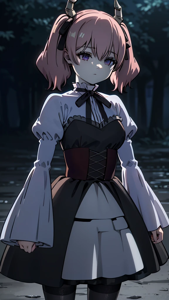 Linear,One girl,alone, Medium breast, smile, Short Twin Tails,Hair between the eyes,Pink Hair,Medium Hair,Devil horns,Dark red hair ribbon,Pointed Ears,Purple eyes, Ruffled shirt collar,Dark red choker,White frill shirt,Juliet Sleeve,Long sleeve,Dark red neck ribbon,Dark red dress,White ruffle dress,White layered dress, Micro Mini Skirt, Brown corset,Fishnet pantyhose, Mary Jane,Outdoor, Flip up the skirt, Amazing visuals, High resolution,masterpiece,highest quality,Amazing visuals,High resolution,masterpiece,highest quality,************,young woman,Beautiful fingers,Beautiful long legs,Beautiful body,Beautiful character design,