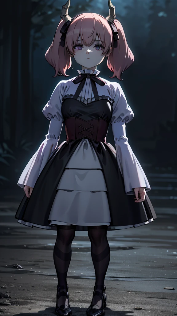 Linear,One girl,alone, Medium breast, smile, Short Twin Tails,Hair between the eyes,Pink Hair,Medium Hair,Devil horns,Dark red hair ribbon,Pointed Ears,Purple eyes, Ruffled shirt collar,Dark red choker,White frill shirt,Juliet Sleeve,Long sleeve,Dark red neck ribbon,Dark red dress,White ruffle dress,White layered dress, Micro Mini Skirt, Brown corset,Fishnet pantyhose, Mary Jane,Outdoor, Flip up the skirt, Amazing visuals, High resolution,masterpiece,highest quality,Amazing visuals,High resolution,masterpiece,highest quality,************,young woman,Beautiful fingers,Beautiful long legs,Beautiful body,Beautiful character design,