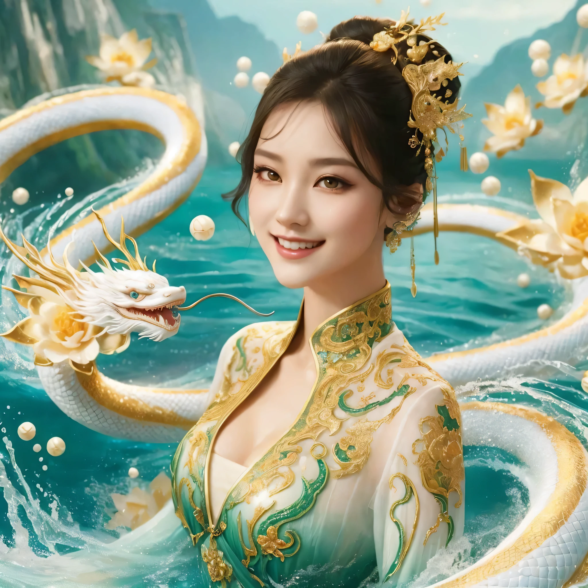 a woman in a dress is in the water with a dragon, a picture inspired by Lan Ying, trending on cg society, fantasy art, queen of the sea mu yanling, asian female water elemental, chinese fantasy, loong, a beautiful fantasy empress, closeup fantasy with water magic, cyan chinese dragon fantasy, chinese style, xianxia fantasy