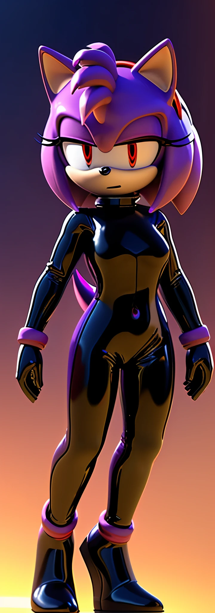 Solo, 1girl, full body image, rendered in SFM, ((sonic oc:1)), from sonic, high detail iconic character, in the new action-movie sonic, knothole forest, official render, 3d render official art, toon shader, ((female)), (((purple hedgehog))), ((shiny)) (medium purple fur:1.7), (((Amy rose style quills with gradient indigo tips1.6))), (((metallic purple eyeliner))) ((deep red eyes:1.5)), ((calm neutral expression)), ray trace 4 k, ray trace 4k, (((glossy black latex bodysuit:1.5)))