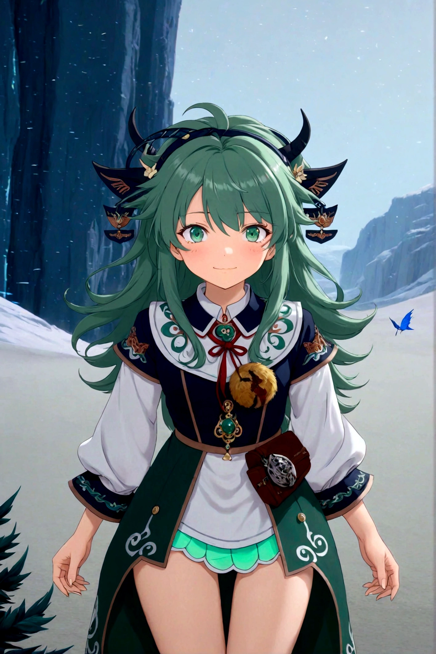 a beautiful anime girl with green hair, wearing a white shirt with a collar, detailed and realistic, highly detailed face and eyes, intricate details, photorealistic, 8k, masterpiece, vivid colors, dramatic lighting, cinematic composition, fantasy, elegant, graceful, peaceful expression,Runes,Demon Catcher,Green long hair