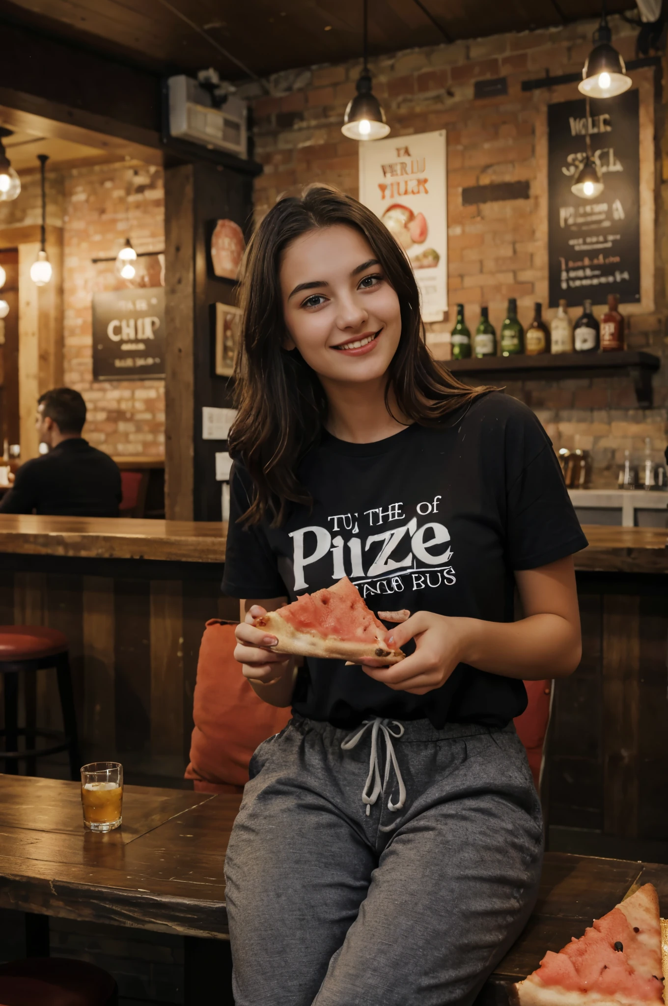 mangiare, portrait of a woman eating a slice of pizza, a picture by Emma Andijewska, she is eating pizza, young and cute girl, watermelons, young woman in her 20s, teen girl sitting outdoor in a pub, cute young woman, she is smiling and happy. T-shirt and pants, realistic hands