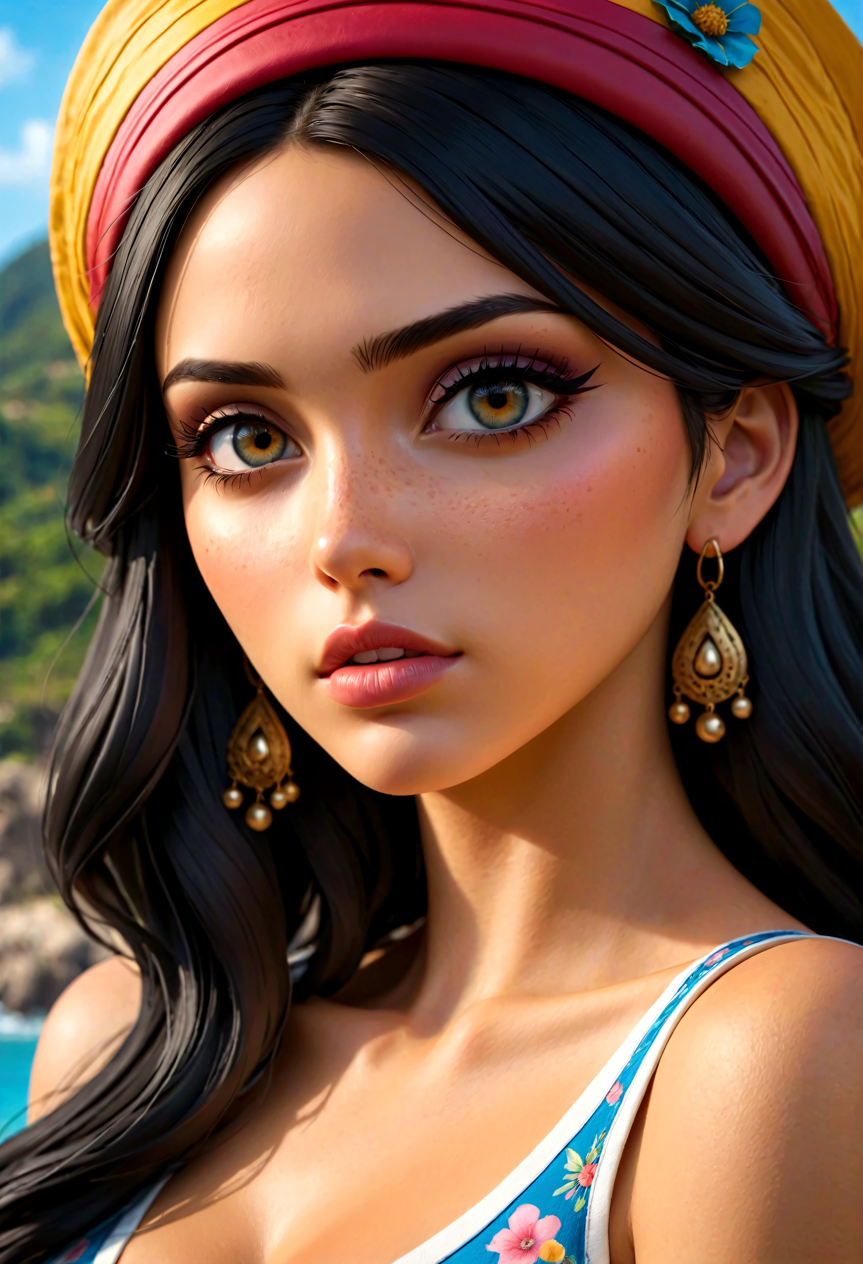 1 garota, salome (one piece), one piece, cobriu seios gigantescos, lindos olhos detalhados, beautiful detailed lips, rosto extremamente detalhado, long eyelashes, realista, photorealista, photo-realista:1.37, (melhor qualidade, 4k, 8K, high resolution, Obra de arte:1.2), ultra-detalhado, HDR, UHD, studio lighting, Pintura ultrafina, sharp focus, physically based rendering, extreme detailed description, Profissional, cores vivas, Bokeh, pintura digital, altamente detalhado, detalhes intrincados, elegante, gracioso, sereno, soft lighting, Paleta de cores quentes