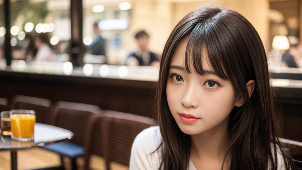 masterpiece, highest quality, 8k, Disorderly person, (Upper Body:1.4), Stylish cafe,Close Relationship, beautiful girl, Cute Face, Looking at the audience, smile, Ultra-realistic, High resolution, photograph, Sharp focus, High resolution, Face Light, Dynamic Lighting, Cinema Lighting, Professional Shadow, Beautiful cafe background, Best details, Very detailed, Very detailed, finely, Real Skin, Delicate features, Detailed face and eyes, Sharp pupils、Real students