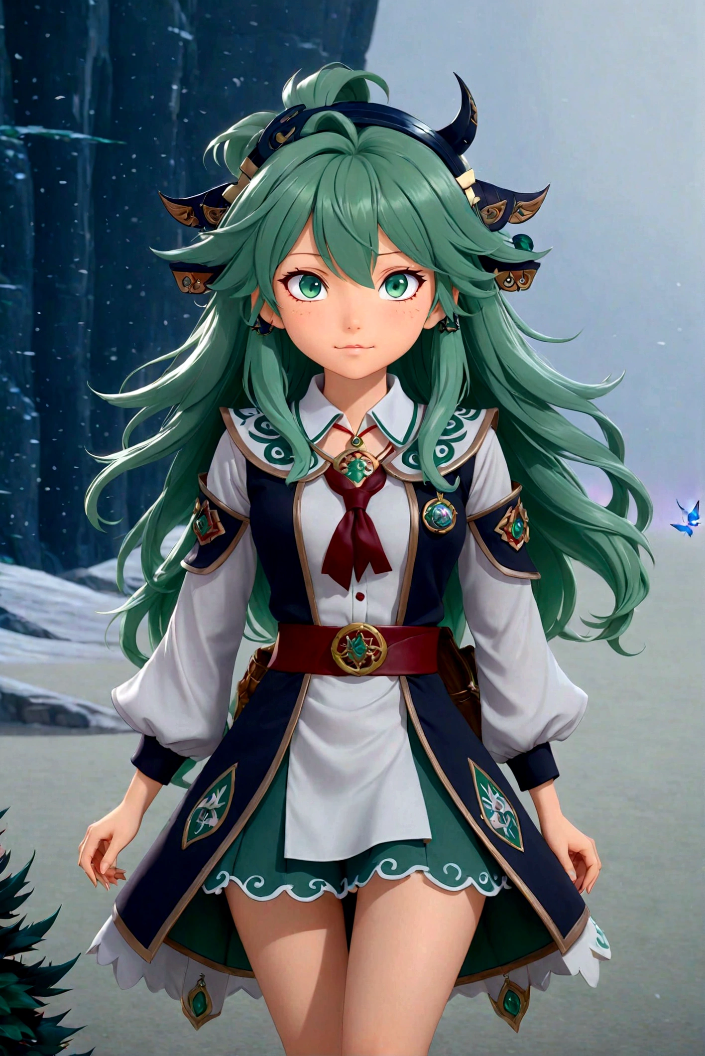 a beautiful anime girl with green hair, wearing a white shirt with a collar, detailed and realistic, highly detailed face and eyes, intricate details, photorealistic, 8k, masterpiece, vivid colors, dramatic lighting, cinematic composition, fantasy, elegant, graceful, peaceful expression,Runes,Demon Catcher,Green long hair