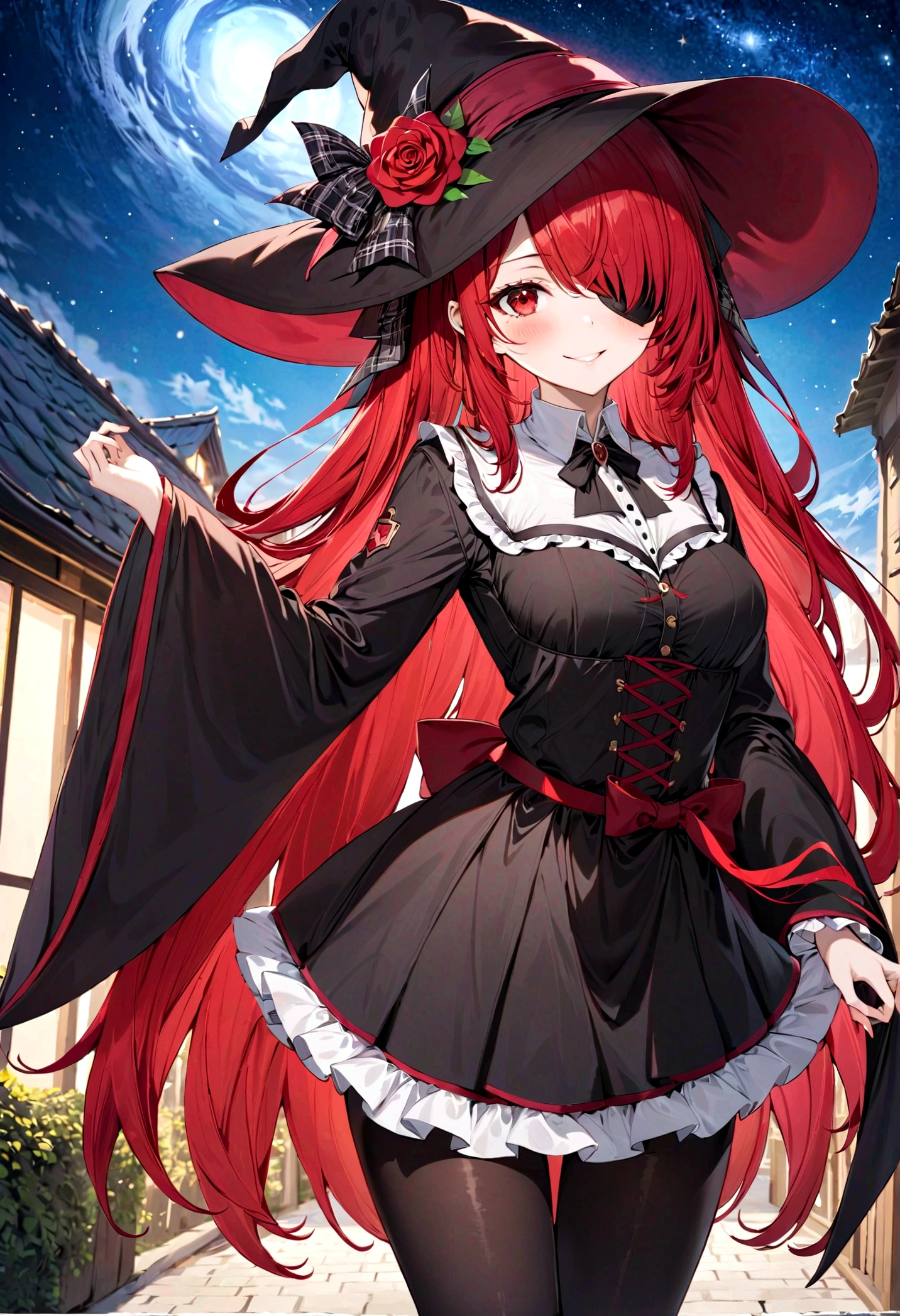 ((best quality)), ((masterpiece)), (detailed), perfect face, ((eyepatch:1.2)), (long hair:1.4), (red hair, red eyes:1.4), 1girl, solo, hat, skirt, legging, witch hat, dirndl gown, black headwear, black dirndl gown, smile, outdoors, black skirt, looking at viewer, black legging, rose pattern legging, red witch hat, long sleeves, bangs, ribbon, frilled skirt, frills, plaid, bow, open clothes, blush, neck ribbon, Star shape eyepatch, gold eyepatch, standing, red ribbon, wide sleeves, black robe, open robe, robe, , hand on waist, medium breasts, large breasts, night, starry night sky, cowboy shot ,masterpiece