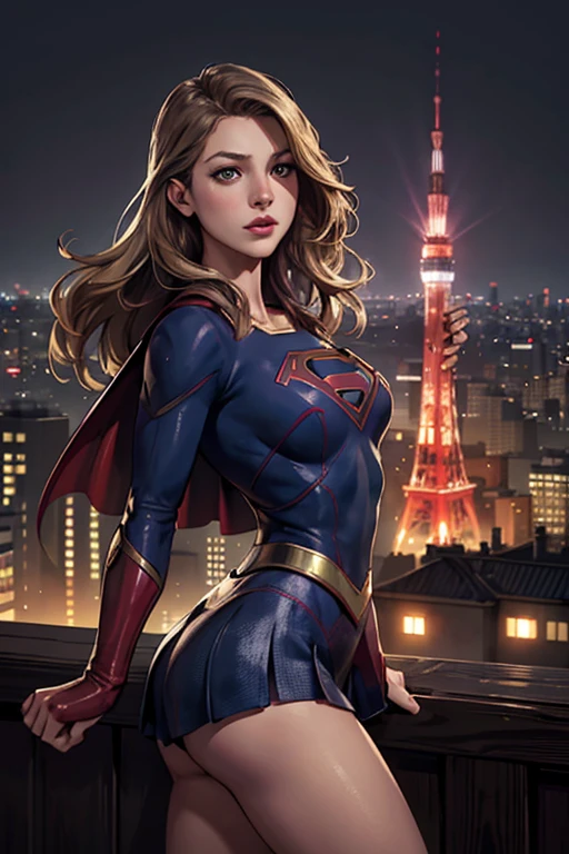 ((highest quality)), ((masterpiece)), (be familiar with), (High definition), (Realistic), (Realistic), (Best Shadow), Low contrast, (Complex:1.4), Side lighting, 8K, ((melissa Benoist)), ((SUPER GIRL)), Perfect Face、Detailed、(Accurate hand and finger depiction)、supergirl women、Blonde、Voluptuous body、big breasts、Narrow waist、Big Ass、Alluring、glamorous、((On all fours))、Tokyo Tower、Night view