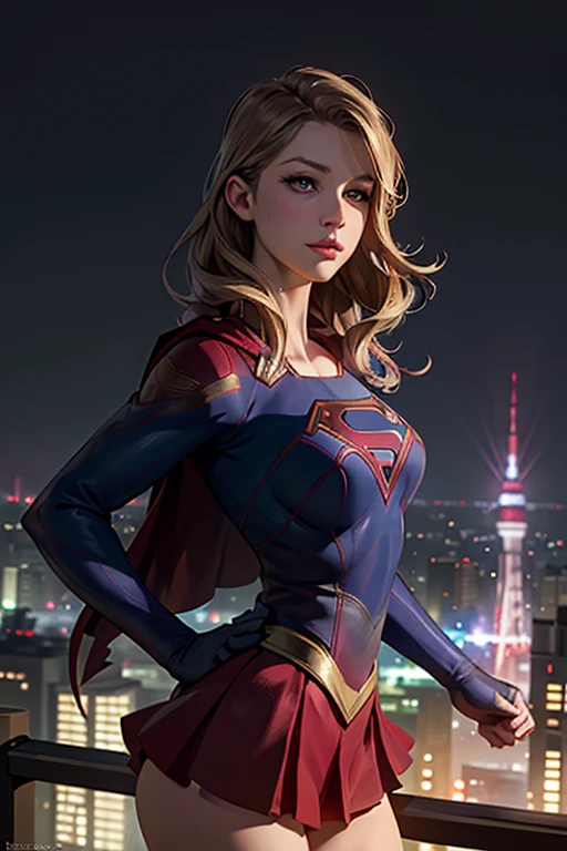 ((highest quality)), ((masterpiece)), (be familiar with), (High definition), (Realistic), (Realistic), (Best Shadow), Low contrast, (Complex:1.4), Side lighting, 8K, ((melissa Benoist)), ((SUPER GIRL)), Perfect Face、Detailed、(Accurate hand and finger depiction)、supergirl women、Blonde、Voluptuous body、big breasts、Narrow waist、Big Ass、Alluring、glamorous、((On all fours))、Tokyo Tower、Night view