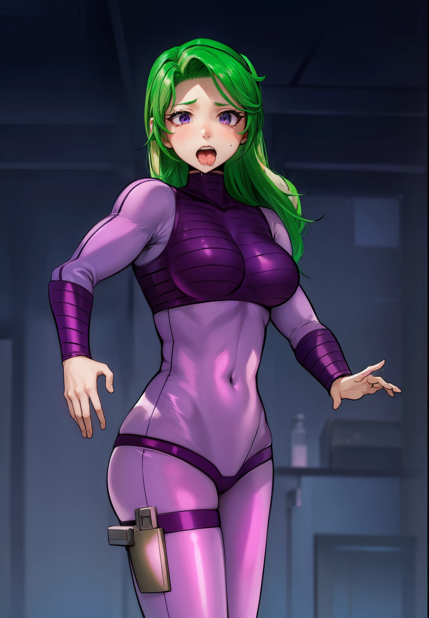 Female Combatant、Green haired Japanese girl、Close-up of a girl in a purple leotard、Purple shiny leotard、Purple Boots、Saiyan Girl, wonderful, Nano Girl, Female body type, Inspired by Hiromu Arakawa, Anime Manga Robot!! Anime Girls, Fubuki, Full Body Suit, by Hiromu Arakawa、wonderful, silk, Beautiful and attractive anime teen, Anime Girls of the future, tears,Drooling,Pee,Sweat,Tongue out,incontinence,Peeing、Estrus、Eyes wide open,Estrus,Blushing,Nipples are erect,Face is hot、Lust、incontinence