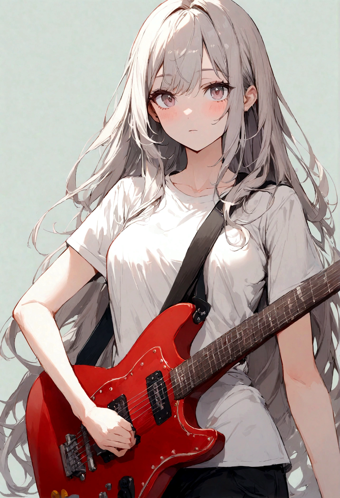1girl, solo, long hair, looking at viewer, shirt, jewelry, white shirt, cosplay, t-shirt, instrument, guitar, electric guitar