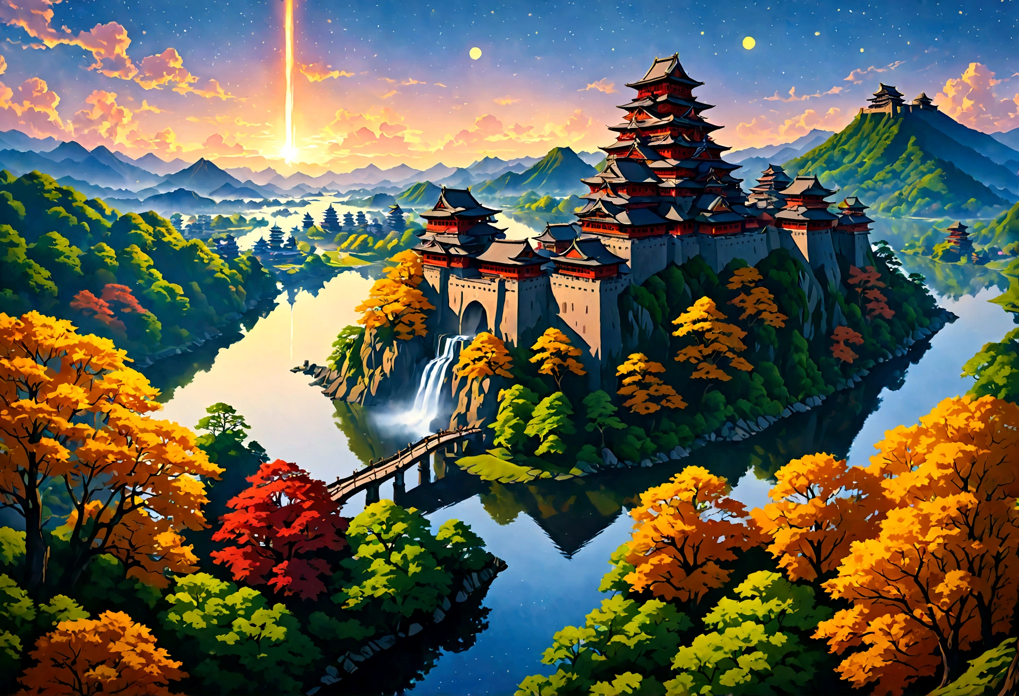 an award winning picture, National Geographic style, Arafed, magnificent artistic picture of a (Japanese medieval castle: 1.4) (masterpiece, best detailed: 1.4)on a mountain range near a lake at dusk, fantasy art D&D art, castle, with towers, turrets, barbican, it is dusk time, the sun is going down, and there are stars in the skies, the last rays of sun, there is a ((bridge lit by torches: 1.4)) crossing to the other side, the castle is being reflected in the water, mist rising from the water, fantasy forest background, ultra best realistic, best details, 16k, [ultra detailed], masterpiece, best quality, (extremely detailed), photorealism, depth of field, hyper realistic painting, Cinematic Hollywood Film style, digital art