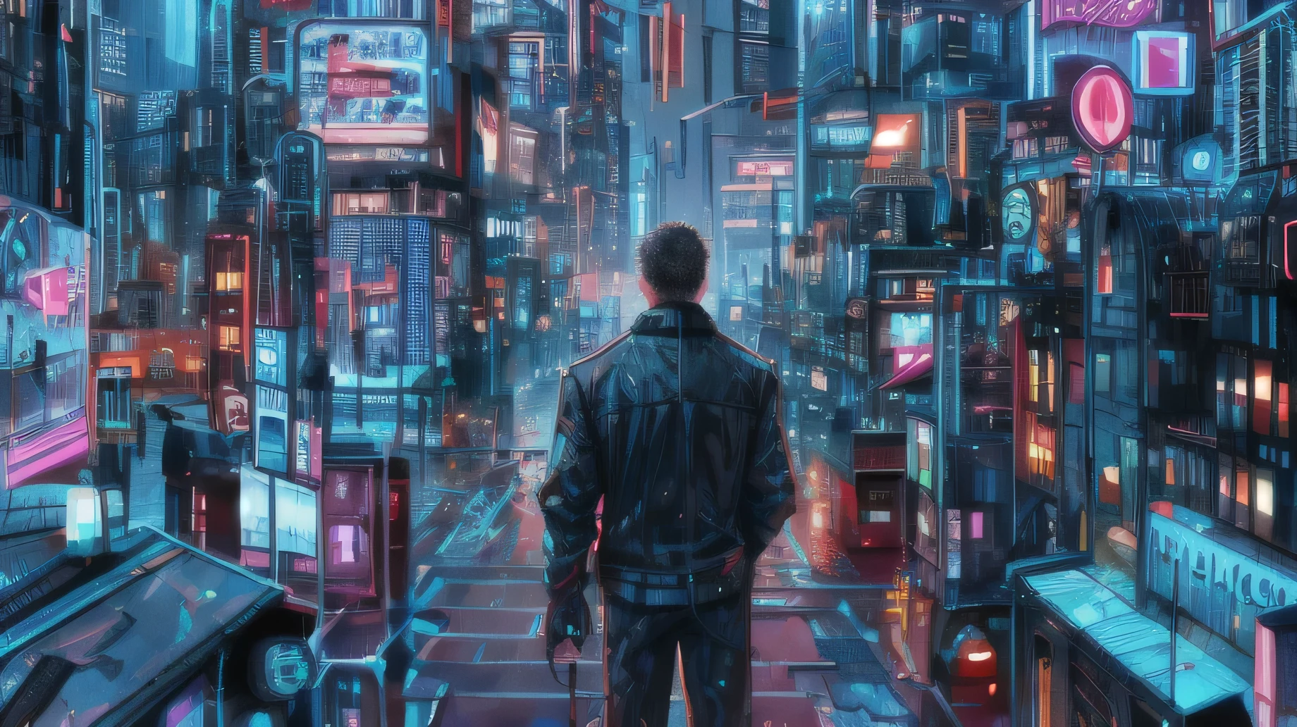 a man in a black jacket and mask standing in a cyberpunk city, back turned to the camera, cityscape filled with flying vehicles, bird's eye view, cinematic lighting, moody atmosphere, hyper detailed, 8k, photorealistic, dramatic shadows, neon lights, futuristic architecture, mechanical elements, glass and steel, wet pavement, dynamic composition