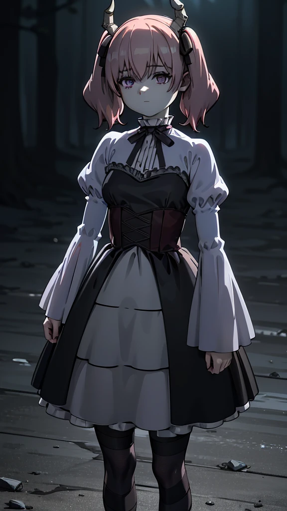 Linear,One girl,alone, Medium breast, smile, Short Twin Tails,Hair between the eyes,Pink Hair,Medium Hair,Devil horns,Dark red hair ribbon,Pointed Ears,Purple eyes, Bare Chest, Cleavage, Ruffled shirt collar,Dark red choker,White frill shirt,Juliet Sleeve,Long sleeve,Dark red neck ribbon,Dark red dress,White ruffle dress,White layered dress, Micro Mini Skirt, Brown corset,Fishnet pantyhose, Mary Jane,Outdoor, Flip up the skirt, Amazing visuals, High resolution,masterpiece,highest quality,Amazing visuals,High resolution,masterpiece,highest quality,,young woman,Beautiful fingers,Beautiful long legs,Beautiful body,Beautiful character design,