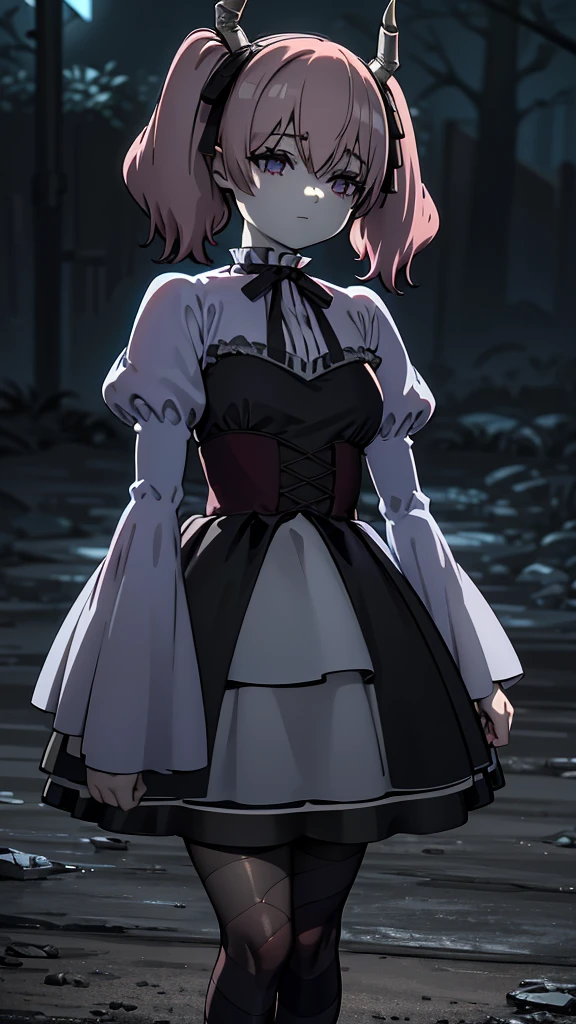 Linear,One girl,alone, Medium breast, smile, Short Twin Tails,Hair between the eyes,Pink Hair,Medium Hair,Devil horns,Dark red hair ribbon,Pointed Ears,Purple eyes, Bare Chest, Cleavage, Ruffled shirt collar,Dark red choker,White frill shirt,Juliet Sleeve,Long sleeve,Dark red neck ribbon,Dark red dress,White ruffle dress,White layered dress, Micro Mini Skirt, Brown corset,Fishnet pantyhose, Mary Jane,Outdoor, Flip up the skirt, Amazing visuals, High resolution,masterpiece,highest quality,Amazing visuals,High resolution,masterpiece,highest quality,,young woman,Beautiful fingers,Beautiful long legs,Beautiful body,Beautiful character design,