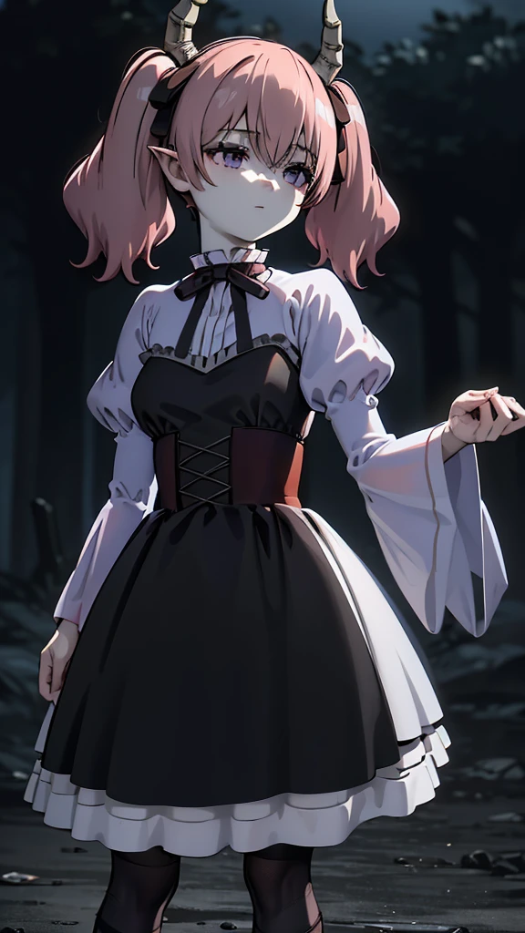 Linear,One girl,alone, Medium breast, smile, Short Twin Tails,Hair between the eyes,Pink Hair,Medium Hair,Devil horns,Dark red hair ribbon,Pointed Ears,Purple eyes, Bare Chest, Cleavage, Ruffled shirt collar,Dark red choker,White frill shirt,Juliet Sleeve,Long sleeve,Dark red neck ribbon,Dark red dress,White ruffle dress,White layered dress, Micro Mini Skirt, Brown corset,Fishnet pantyhose, Mary Jane,Outdoor, Flip up the skirt, Amazing visuals, High resolution,masterpiece,highest quality,Amazing visuals,High resolution,masterpiece,highest quality,************,young woman,Beautiful fingers,Beautiful long legs,Beautiful body,Beautiful character design,