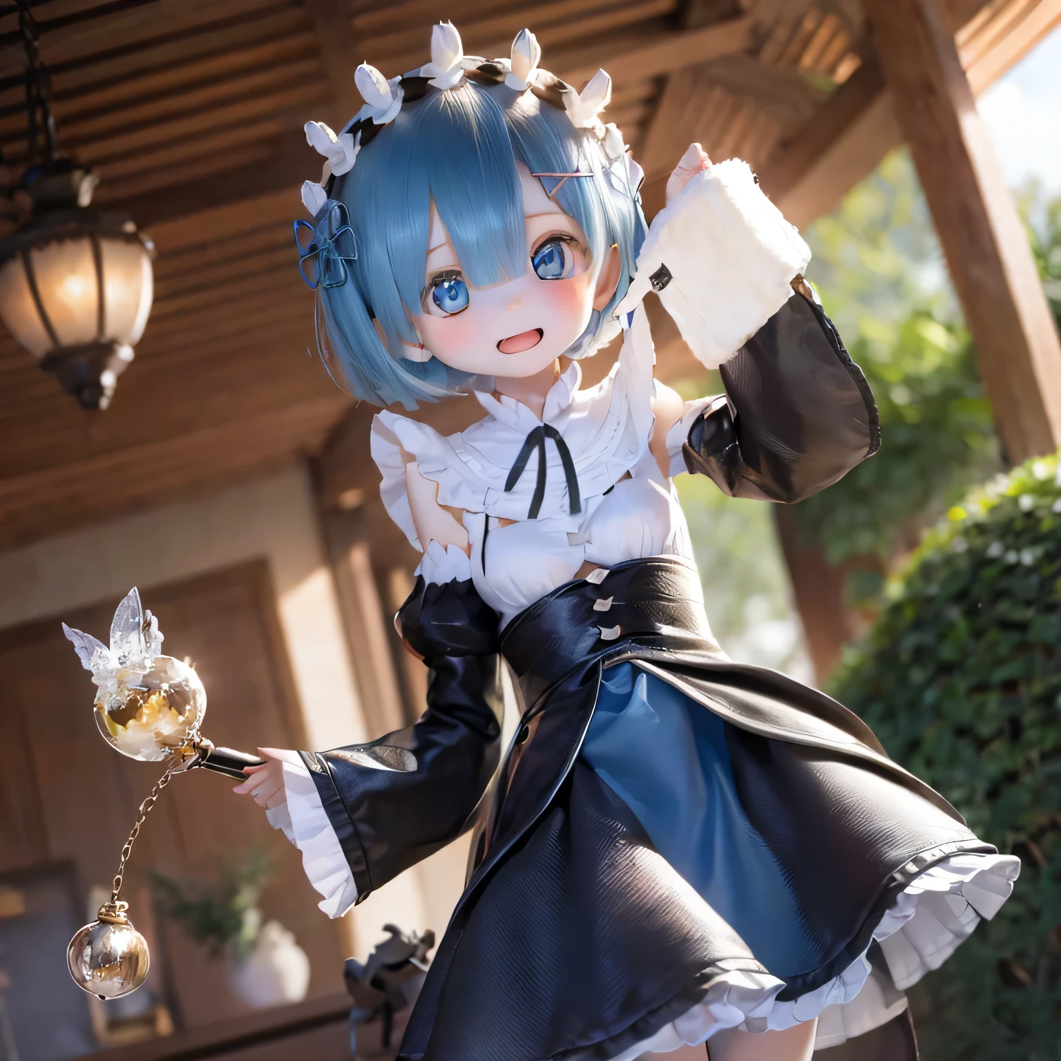 A five-year-old girl named Rem, it is (((((((baby))))))) style, Have beautiful and delicate eyes, lips, And the face. Artwork must be of the highest quality, Sharp focus and ultra-detailed rendering. The color palette should be vibrant and vivid. The medium must be illustration or digital painting. For more information, look、Also includes Rem in a cute dress, And with a look of joy.(((a bit)))Sexy pose Blue hair Cute pose Flat chest Lifting skirt to greet