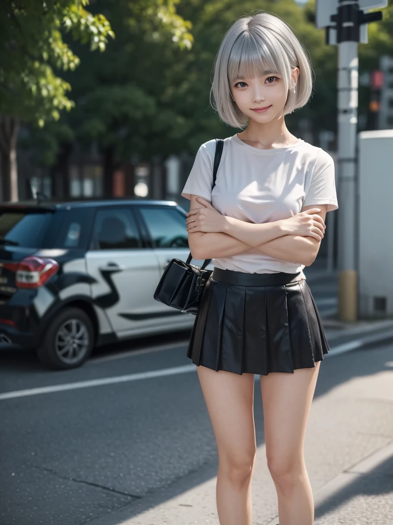 (8k, RAW Photos, highest quality, masterpiece:1.2), (Realistic, photo-Realistic:1.4), (Highly detailed 8k wallpaper), ((Full Body Shot)), (1 girl), Sharp focus, Depth of written boundary, Cinematic lighting, Soft Light, 緻密な美しさのeye, eye_Chan, Very beautiful 17 year old girl, innocent big eyes, Realistic, photo Realistic, Highly detailed cute girl, (Thin thighs), (Model Body Type), 18-year-old, (Pink casual short sleeve t-shirt), (Black leather micro mini pleated skirt), (((Fold your arms in front of your chest and act arrogantly))), ((A happy smile)), Parted lips, Watching the audience, (On the streets of Tokyo) , (Silver Hair),（Short Bob Hair), (Asymmetrical bangs)
