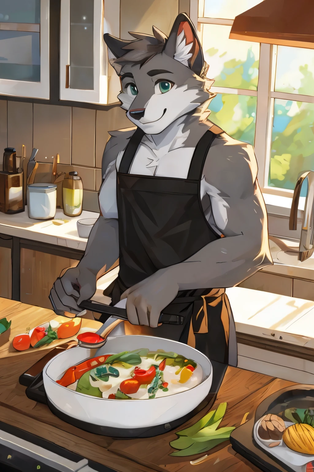 Furry, Anthro,male,solo,white and grey fur,In the kitchen,cooking,smiling,hand holding frying pan