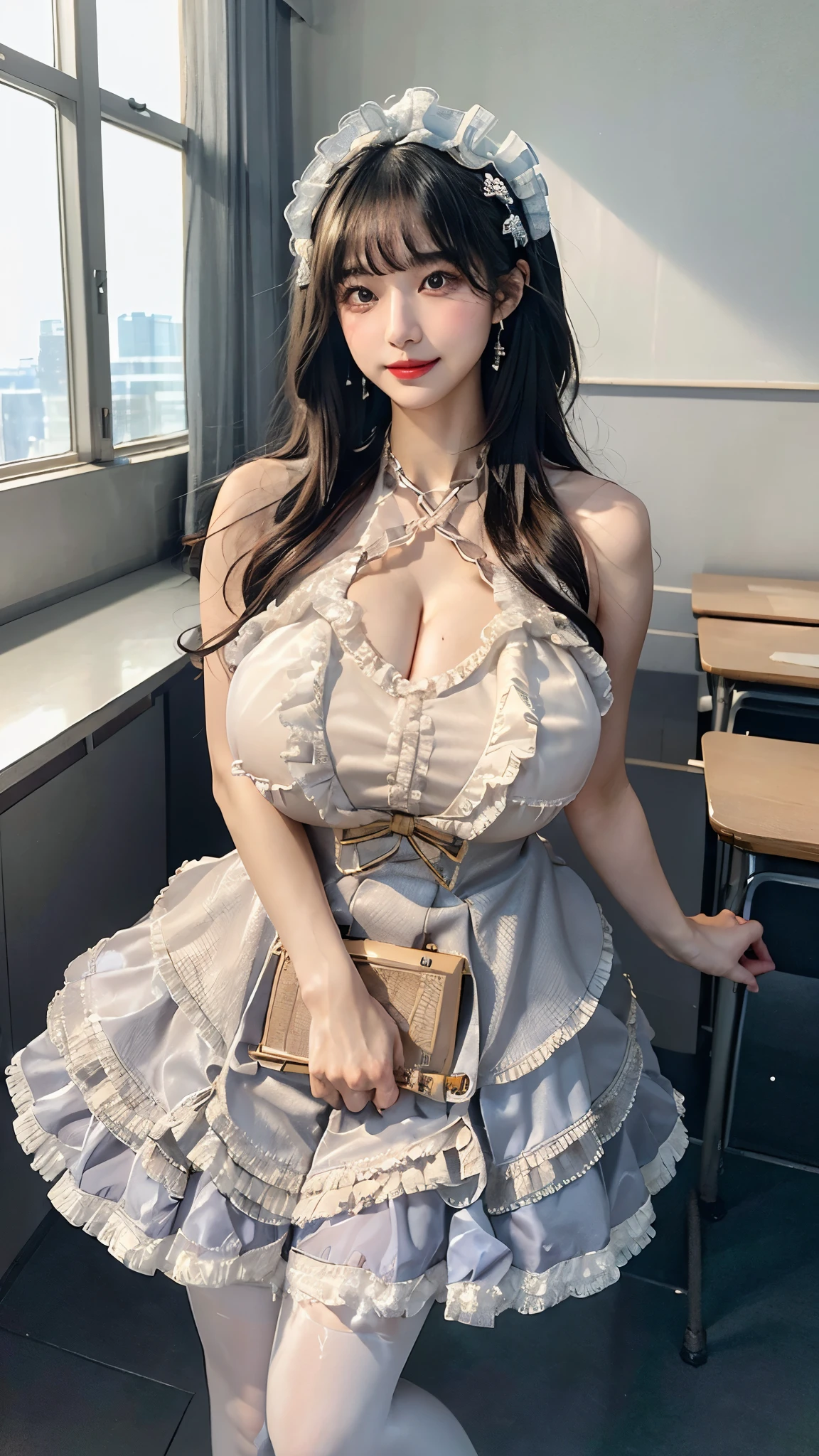 ((masterpiece:1.2、highest quality、Tmasterpiece))、1 female、alone、classroom、Day、(Korean Idol:1.2)、(Are standing:1.4)、Black Hair、cute、Wavy Hair、Medium Hair、Beautiful legs、break、((dress:1.4))、(Big Breasts:1.5)、(black tights)、Hoop Earrings、corset、lipstick、Pleated mini skirt、blush、smile、(Covered breasts:1.2)、(Thick lips:1.2)、Detailed body、Very detailed絵画, Luminism、4K resolution、3D Rendering、Exquisitely crafted , Cinematic、Realistic、Hit definition、Abstract Beauty、Approaching perfection, Pure Form, Golden Ratio、Very detailed, Digital photography, Soft natural light, 50mm lens, f1.8 Vacancies、blush、Small face、Narrow waist、lo dress, layered dress, frilled dress, ((criss-cross halter:1.3)), hair ornament, white pantyhose, high heels、dress, 重ね着dress, フリルのdress, Crisscross halter neck