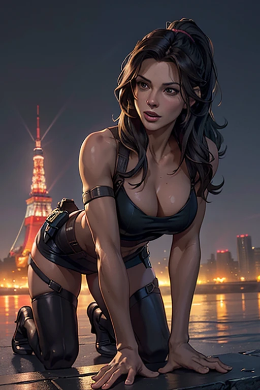 ((highest quality)), ((masterpiece)), (be familiar with), (High definition), (Realistic), (Realistic), (Best Shadow), Low contrast, (Complex:1.4), Side lighting, 8K, ((kate beckinsale)), ((lara croft)), Perfect Face、Detailed、(Accurate hand and finger depiction)、lata croft women、Brunette with long brown plaited ponytail 、Voluptuous body、big breasts、Narrow waist、Big Ass、Alluring、glamorous、((On all fours))、Tokyo Tower、Night view