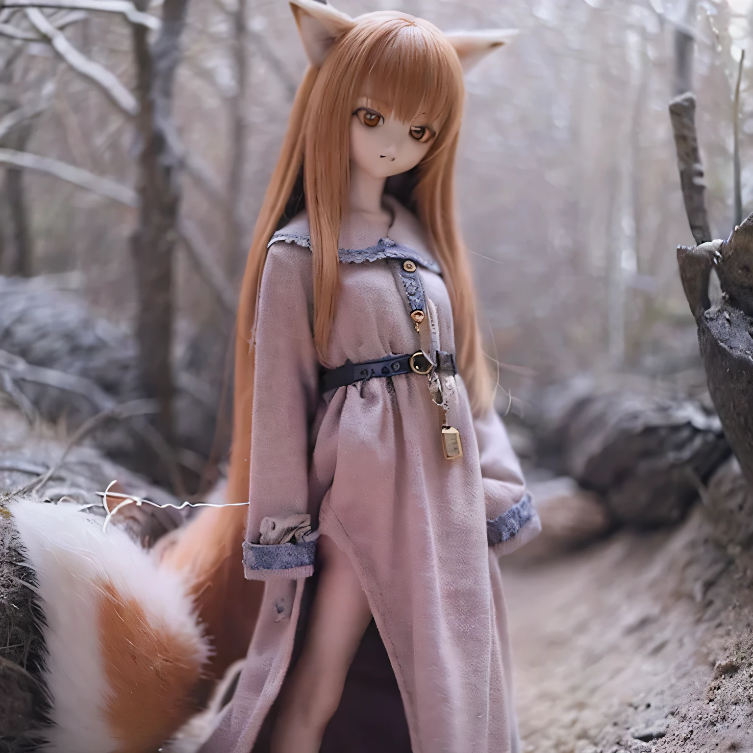 highest quality,4K,8k,High resolution,masterpiece:1.2,Very detailed,Realistic:1.37 (landscape, Fantasy),Wolf girl or Holo (anime「Spice of Wolf」than),nude,Beautiful details,Beautiful lip detail,Long eyelashes,Pointed wolf ears,long flowing hair,loose fitting dress,wood々Standing in a quiet forest、,evening,Wood,Foggy atmosphere,Majestic mountain in the distance々,warm and soft color palette,Golden sun shining,Subtle shadows and highlights add depth,Great lighting,The subtle bokeh effect creates a dreamy atmosphere.　naked