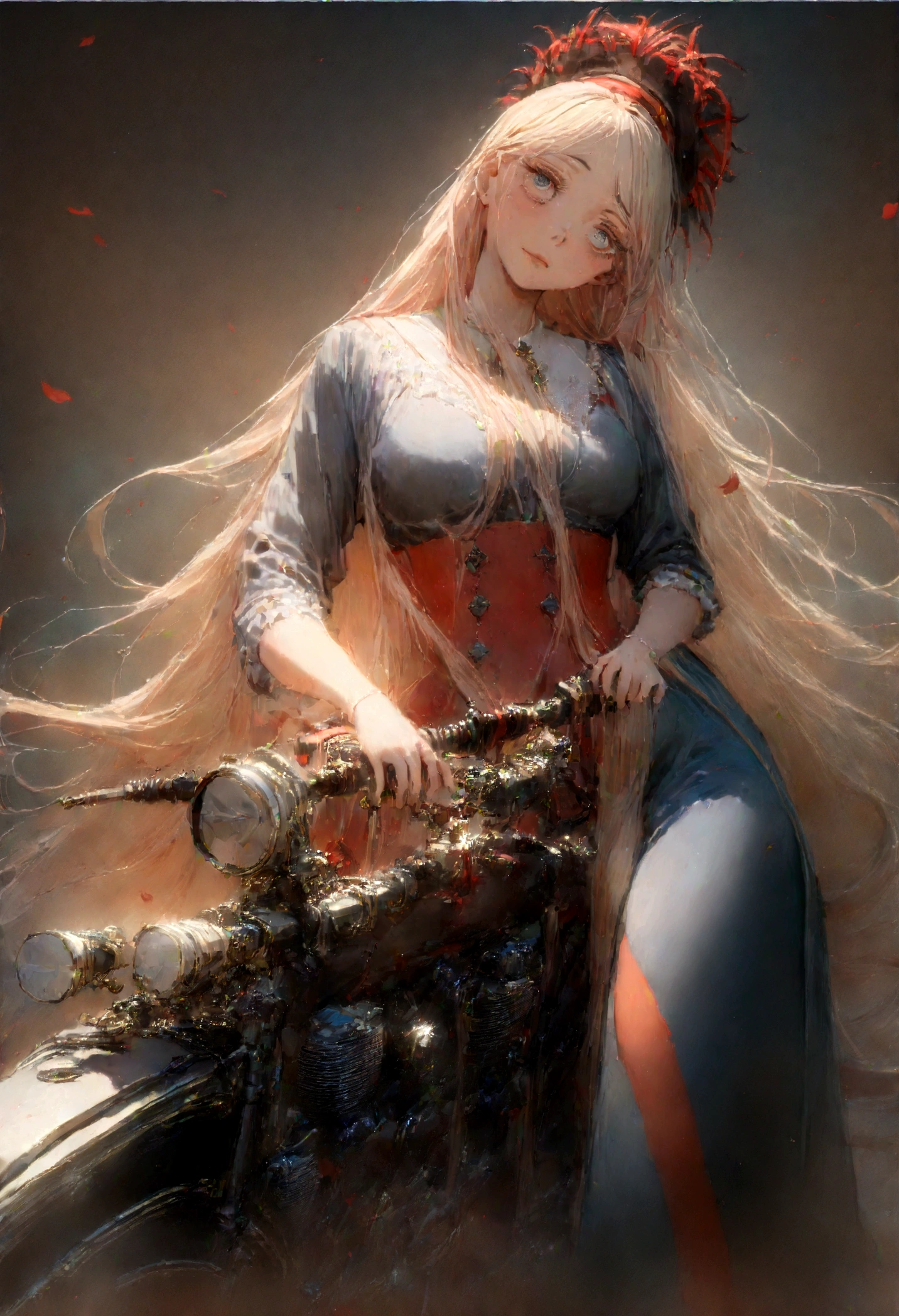((best quality, 8k, masterpiece:1.3)),focus:1.2, female high school student,Drive a motorcycle,Perfect S-shaped body,(firm eyes)(Lovely),delicate face,Waist-length hair,long flowing hair,tilt your head,Smile,hair details,Delicate Full Body Portrayal,Delicate depiction of the face,best picture quality,high resolution,background for this,Delicate portrayal,Exquisite details,Rich in details,Facial strengthening,(crop top,short skirt),Blue sky and white clouds,Sitting Among the Flowers,wooden house,There are no bags under the eyes