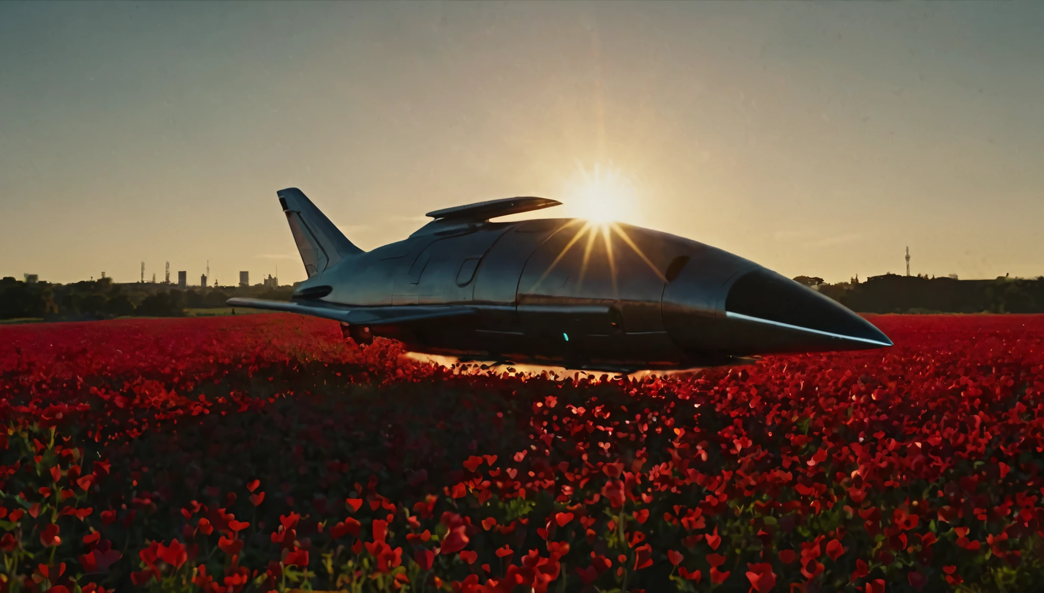 "Final shot of the space ship sci-fi fuselage taking off, silhouetted against the setting sun projectin a shadow incedible wherever flying back towards the metropolis, leaving the serene fields of a red hearts shape abstracts flowers behind. The camera lingers on the horizon, emphasizing the endless possibilities of the future."
